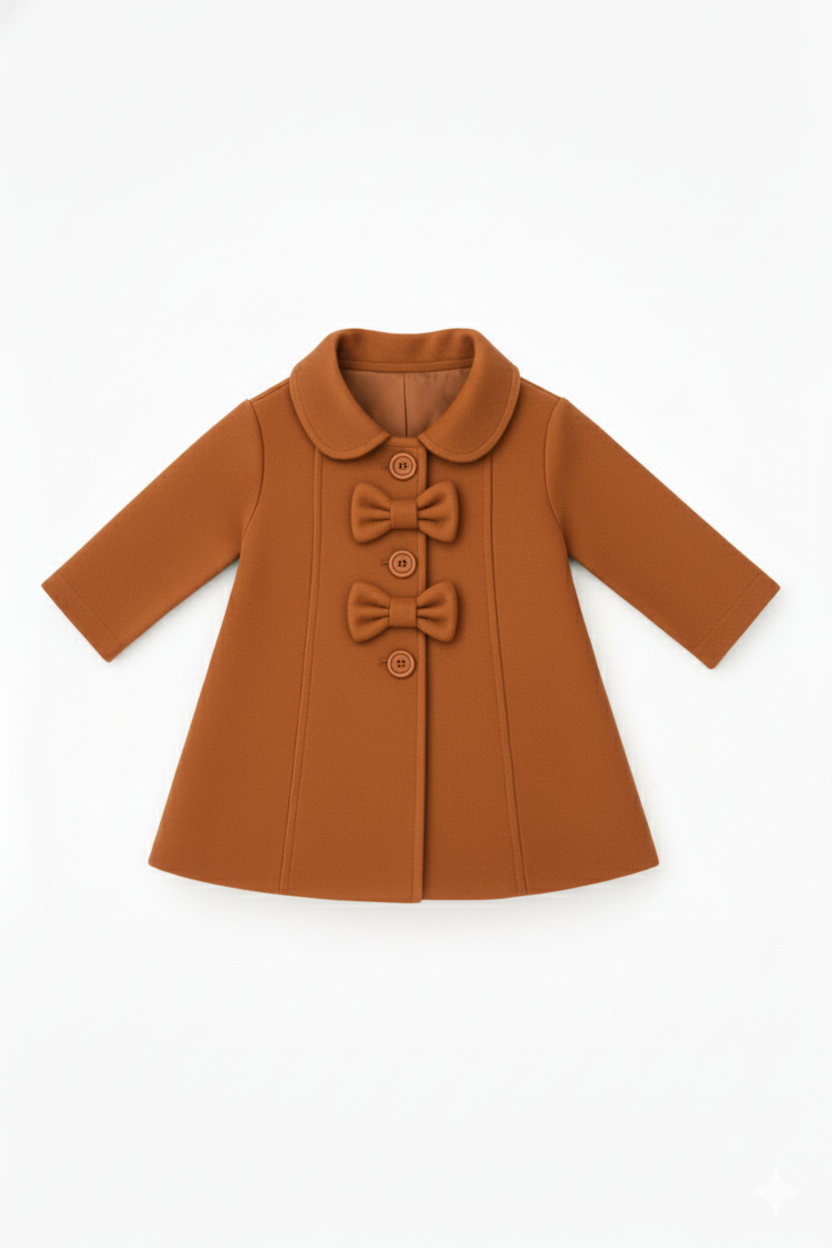Girls’ camel Bow-Detail Wool Coat