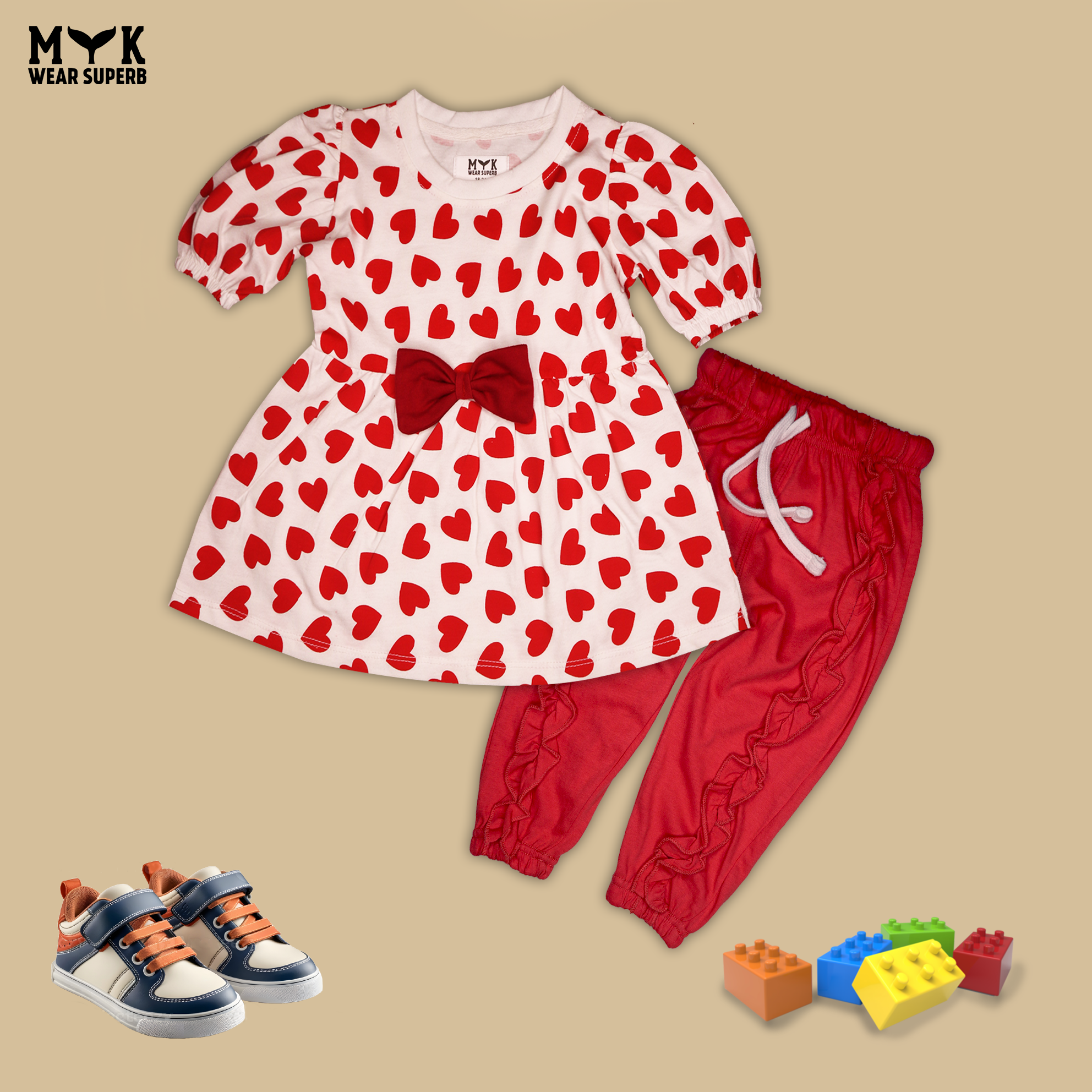 Baby Girl Heart Print Dress with Bow & Frill Pants