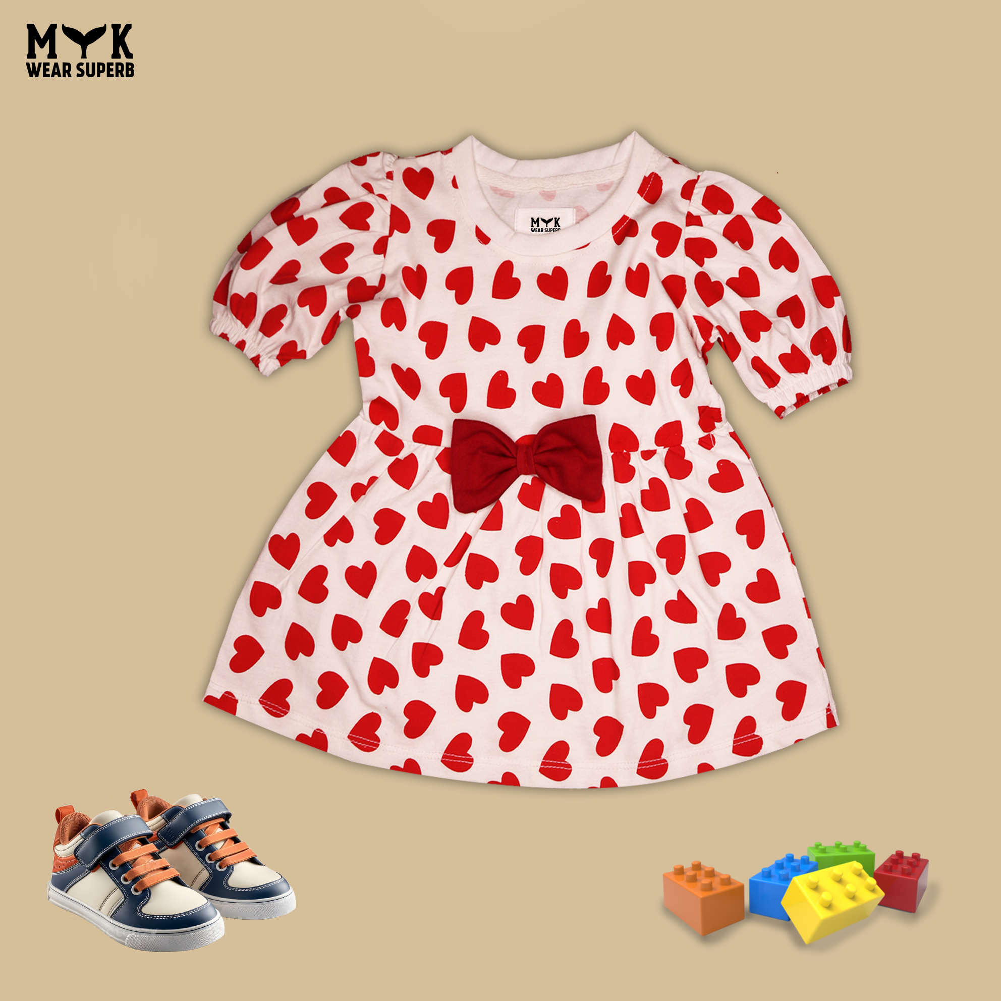 Baby Girl Heart Print Dress with Bow & Frill Pants