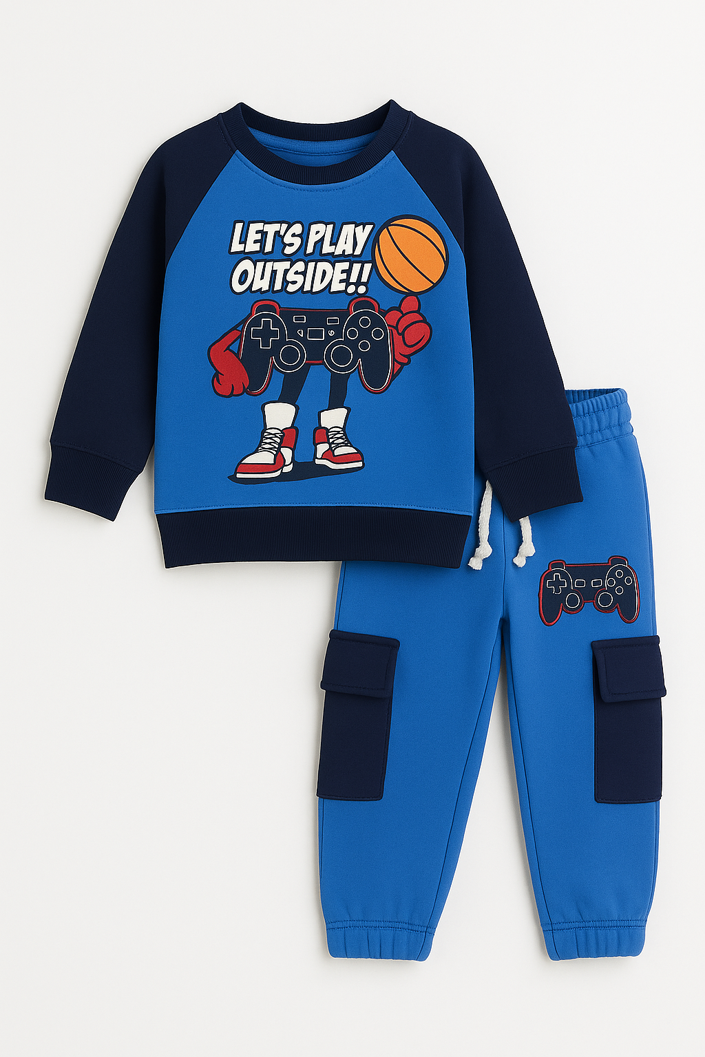 Let’s Play Outside Kids Tracksuit featuring a game controller and basketball graphic on a cozy blue and navy outfit.