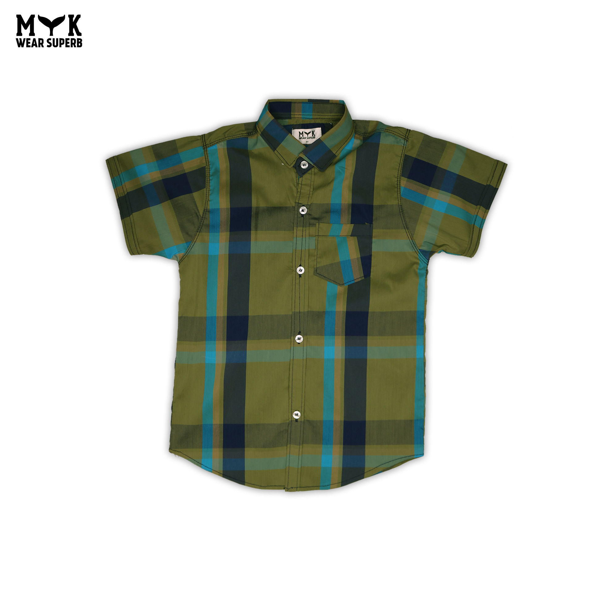 Boys' Stylish Plaid Short-Sleeve Shirt – Olive Green & Blue