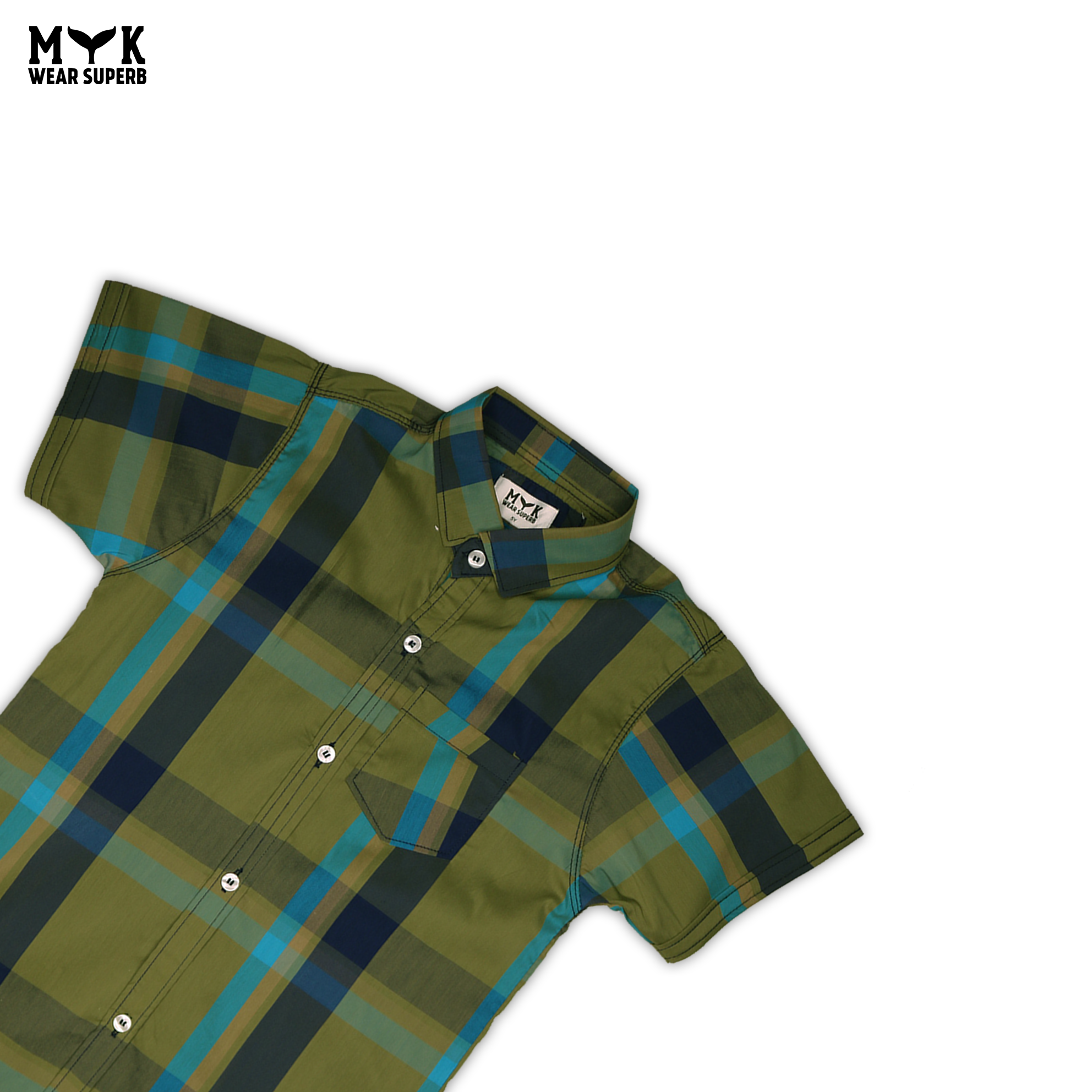 Boys' Stylish Plaid Short-Sleeve Shirt – Olive Green & Blue