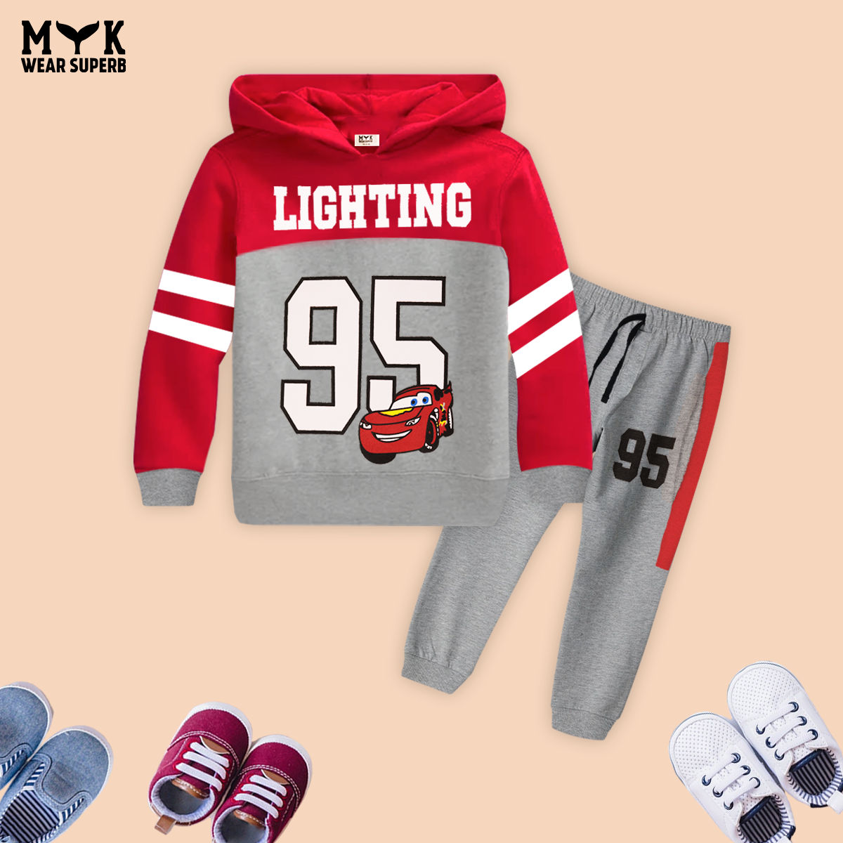 Lighting 95 Red & Grey Fleece Hoodie Tracksuit 2 pcs set