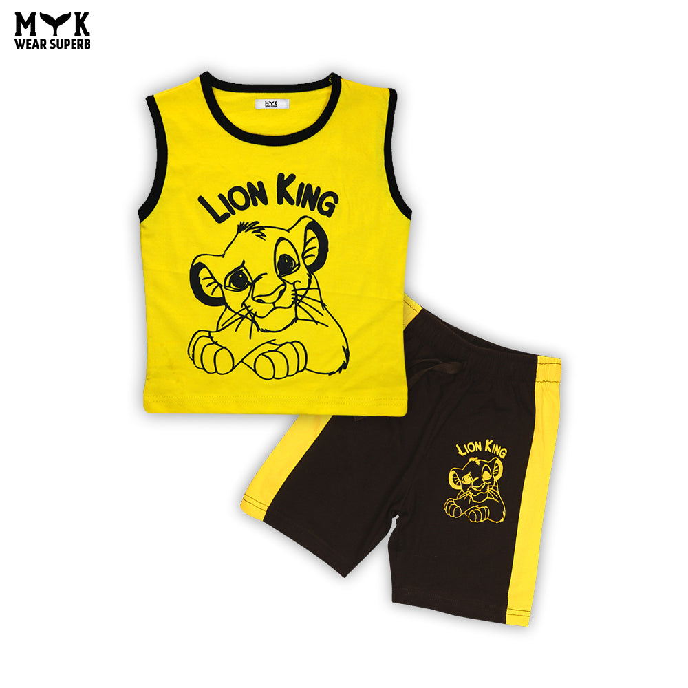 Kids’ “Lion King” Sleeveless Summer Tank Top & Shorts Set – Yellow & Brown