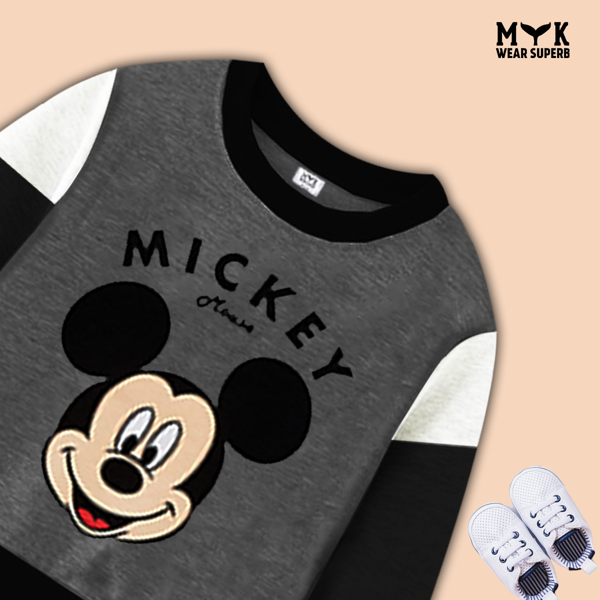 Mickey Mouse Little Boys Fleece Gray Black And White Sweatshirt & Panel Trouser