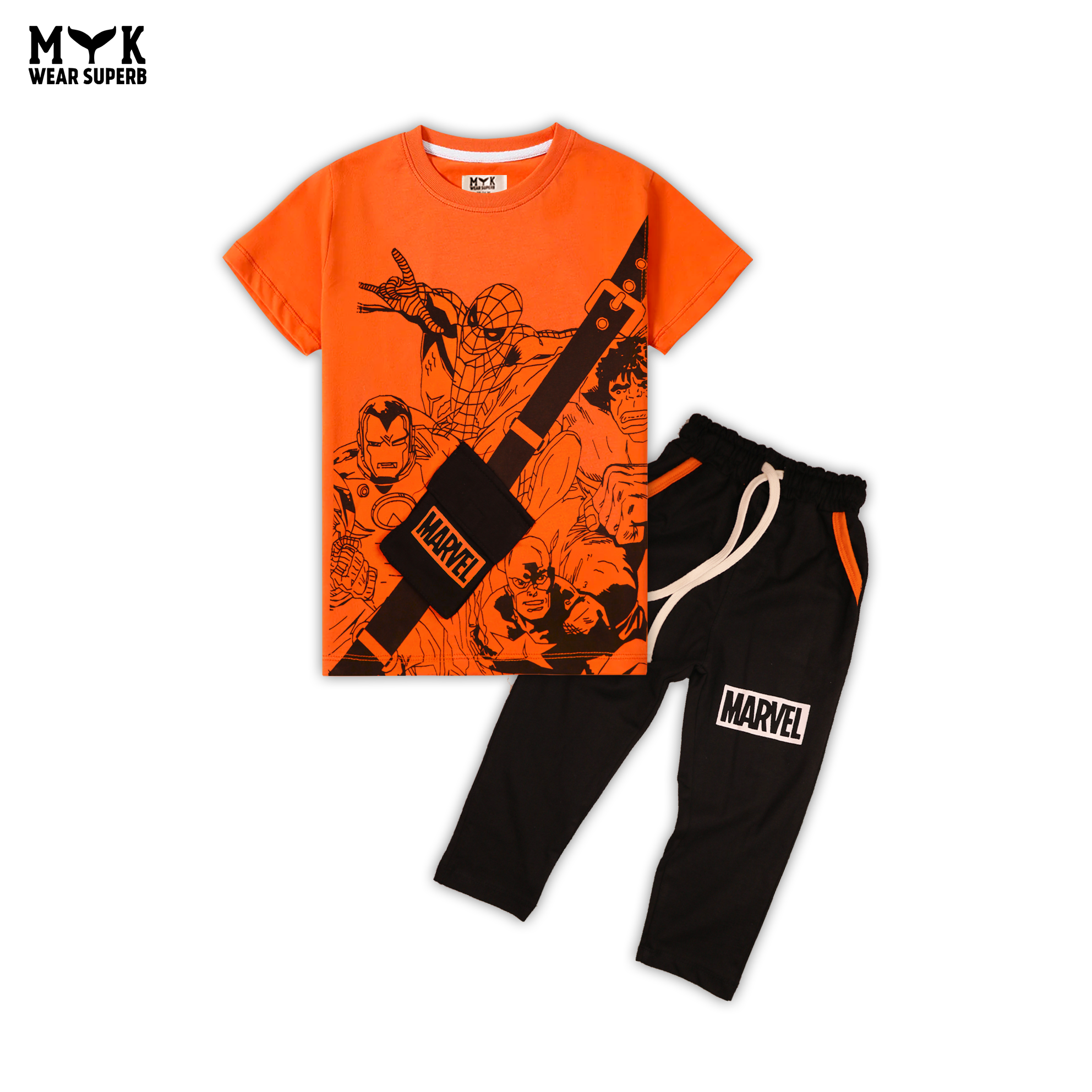 Marvel-Inspired Black Trouser & Orange Shirt Set for Kids – Superhero