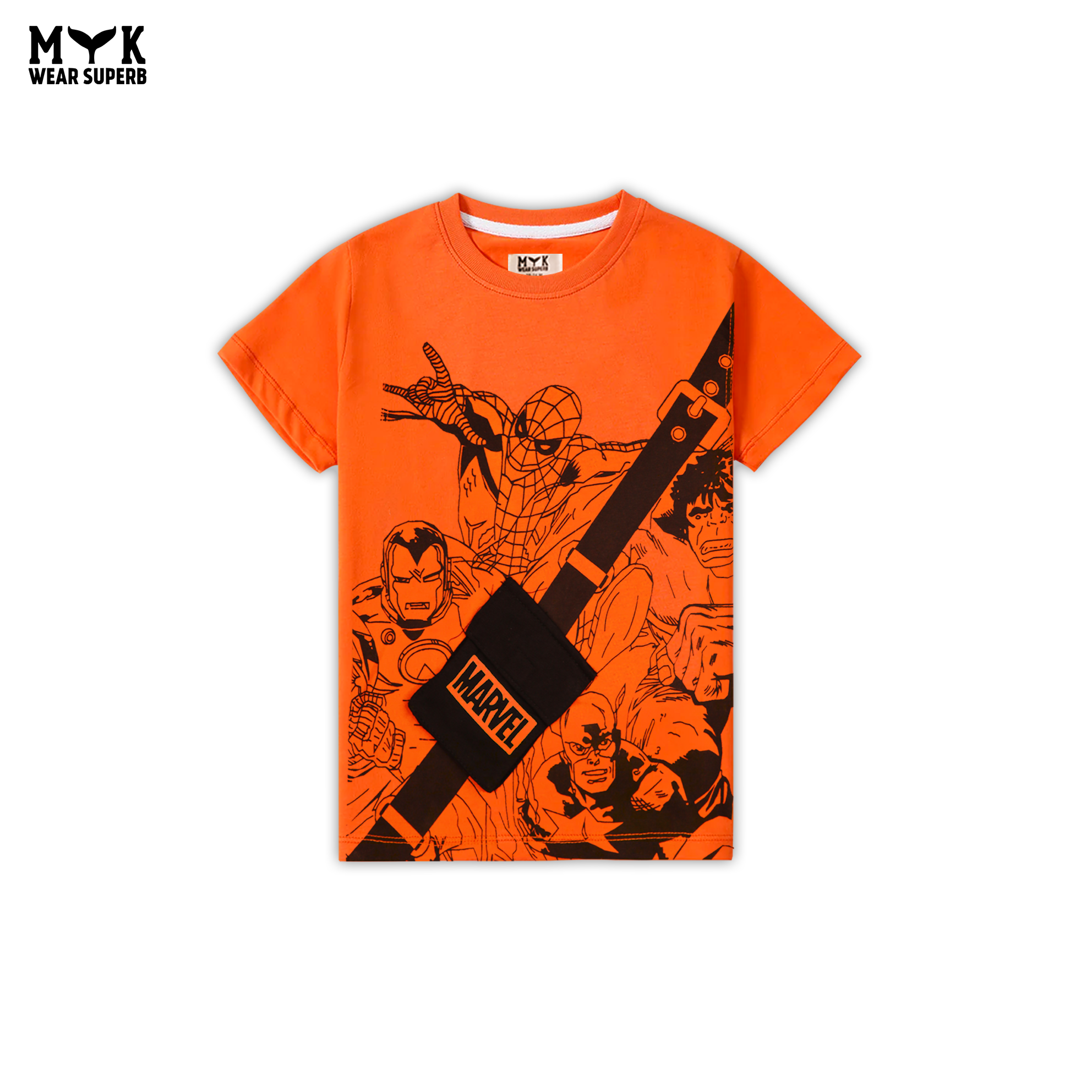 Marvel-Inspired Black Trouser & Orange Shirt Set for Kids – Superhero