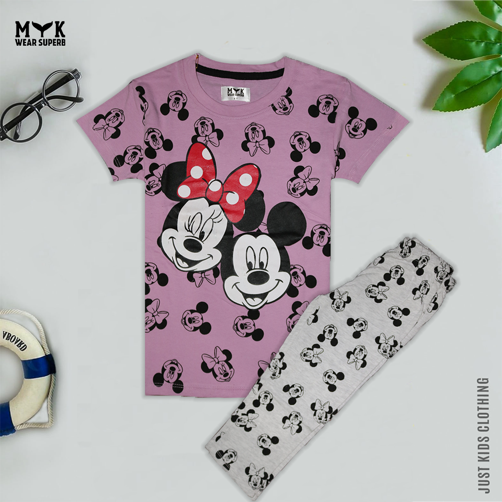Baby girls Micky mouse Printed Round Neck Half Sleeve T-shirt &Trouser