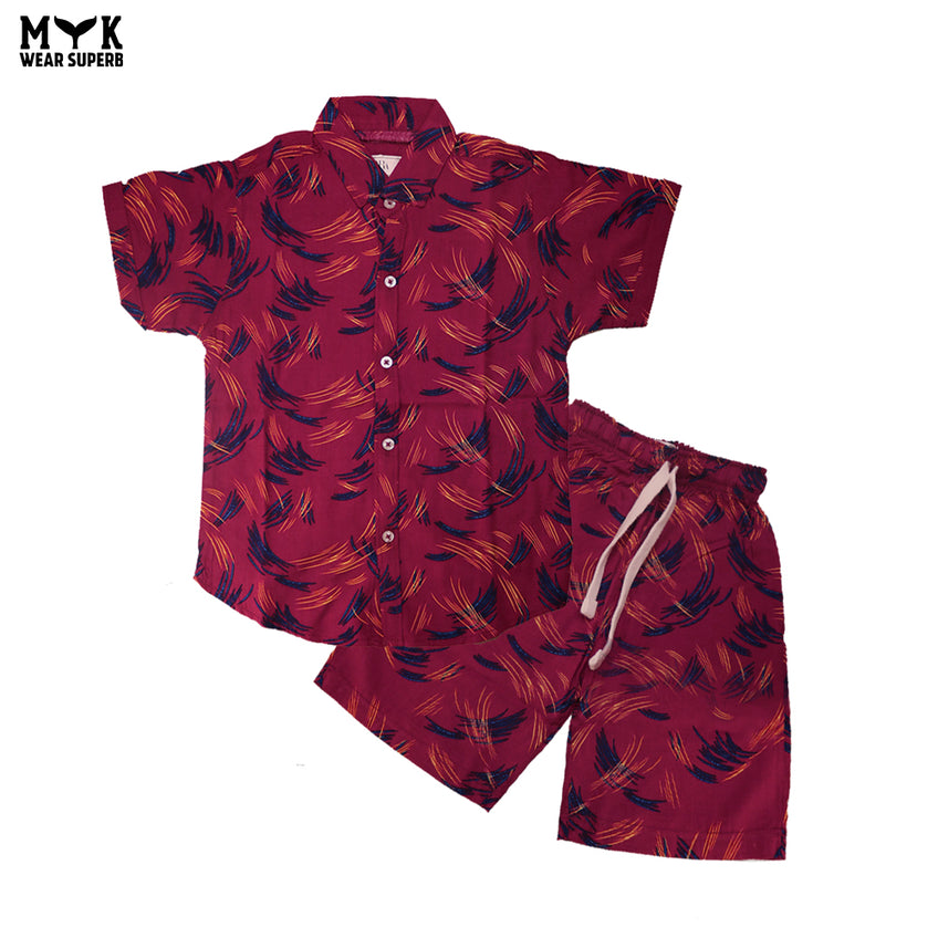 Boys Maroon Linen Printed Co-Ord Set
