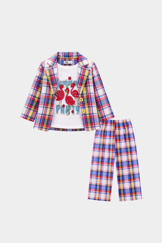 Girls Multicolor Checkered Flamingo 3 Piece Summer Co-Ord Set