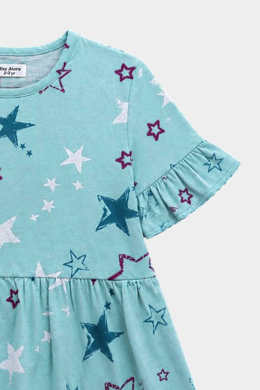 Girls Aqua Star Print Frill Co-Ord Set for Summer Casual Wear - MYK_Fatimas