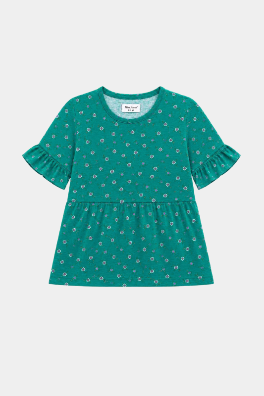 Girls Teal Floral Frill Sleeve Co-Ord Set for Summer Wear - MYK_Fatimas
