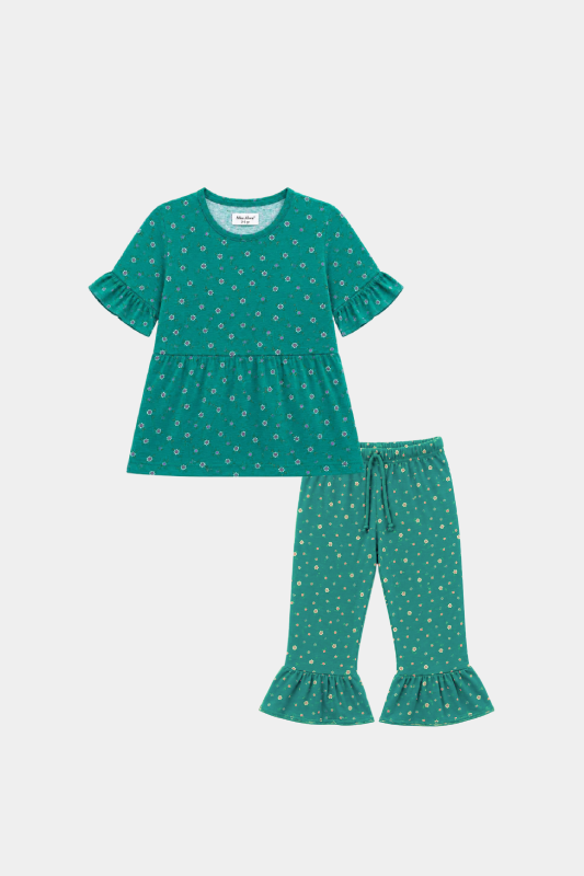 Girls Teal Floral Frill Sleeve Co-Ord Set for Summer Wear - MYK_Fatimas