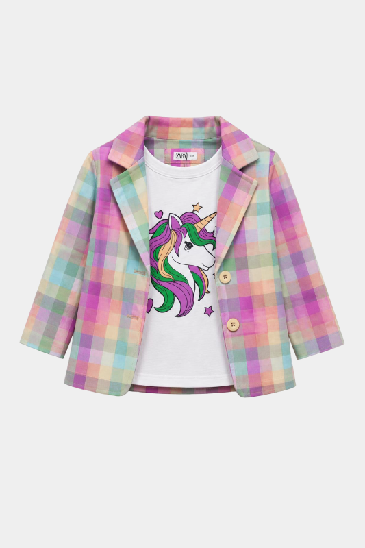 Girls Unicorn Printed 3 Piece Pastel Check Summer Co-Ord Set - MYK_Fatimas