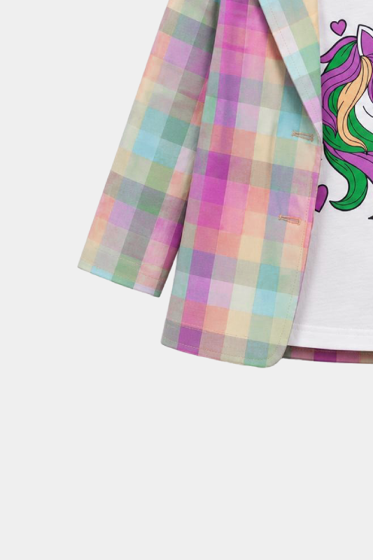 Girls Unicorn Printed 3 Piece Pastel Check Summer Co-Ord Set - MYK_Fatimas