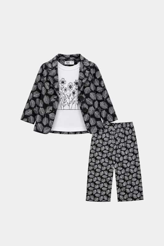 Girls Black & White Leaf Print 3 Piece Summer Co-Ord Set - MYK_Fatimas