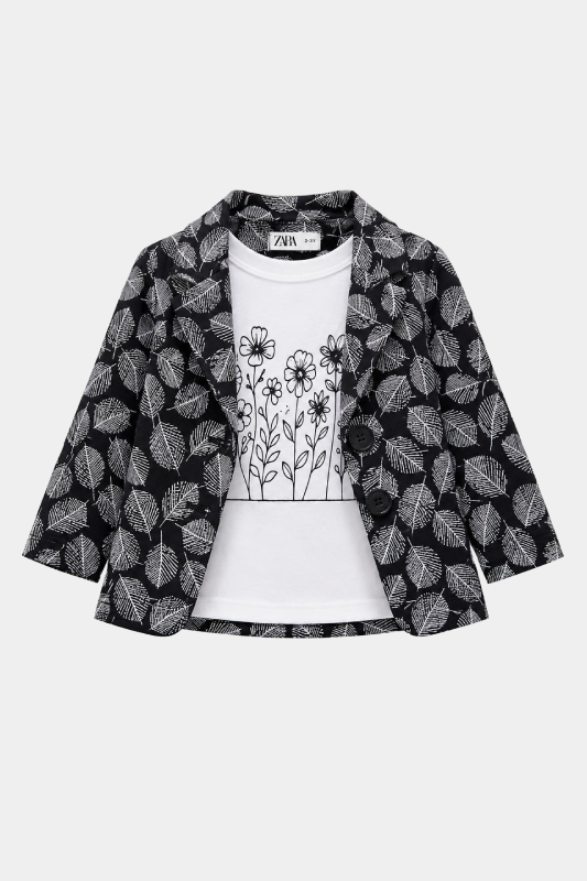 Girls Black & White Leaf Print 3 Piece Summer Co-Ord Set - MYK_Fatimas