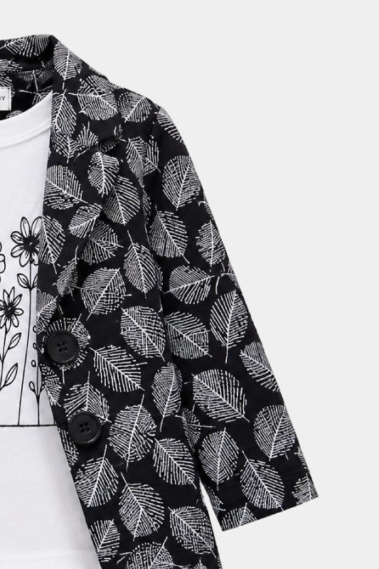 Girls Black & White Leaf Print 3 Piece Summer Co-Ord Set - MYK_Fatimas