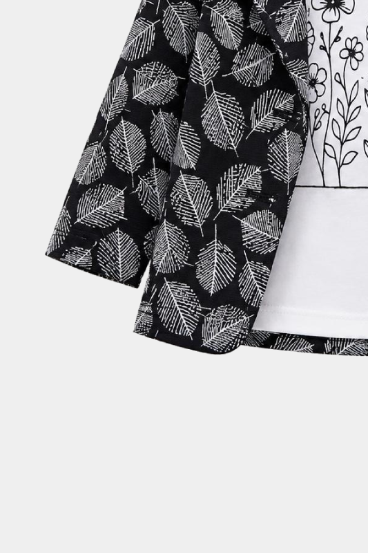 Girls Black & White Leaf Print 3 Piece Summer Co-Ord Set - MYK_Fatimas