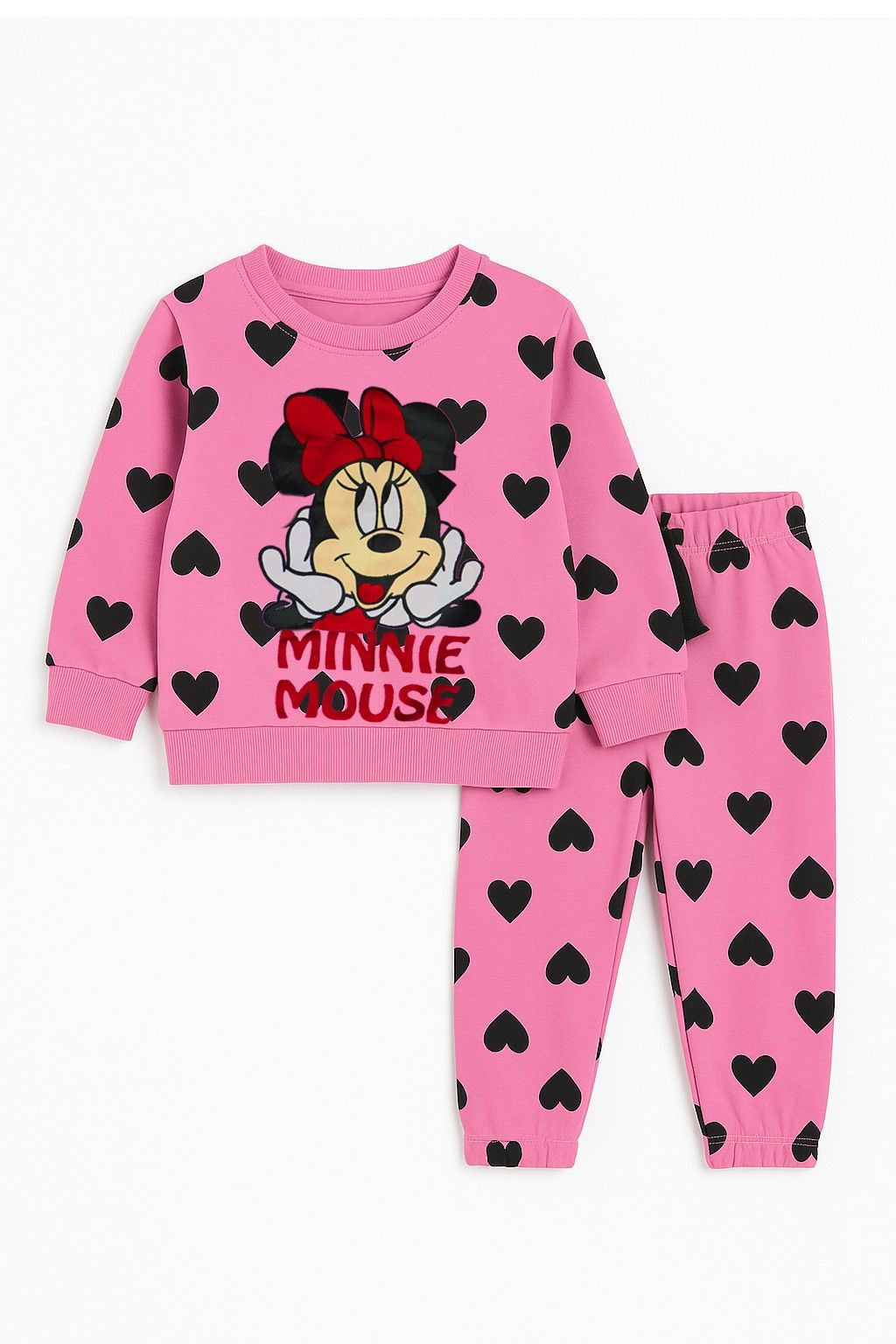 Cute Minnie Mouse Pink Heart Print Girls’ Sweat Suit – (Sweatshirt & Pants)