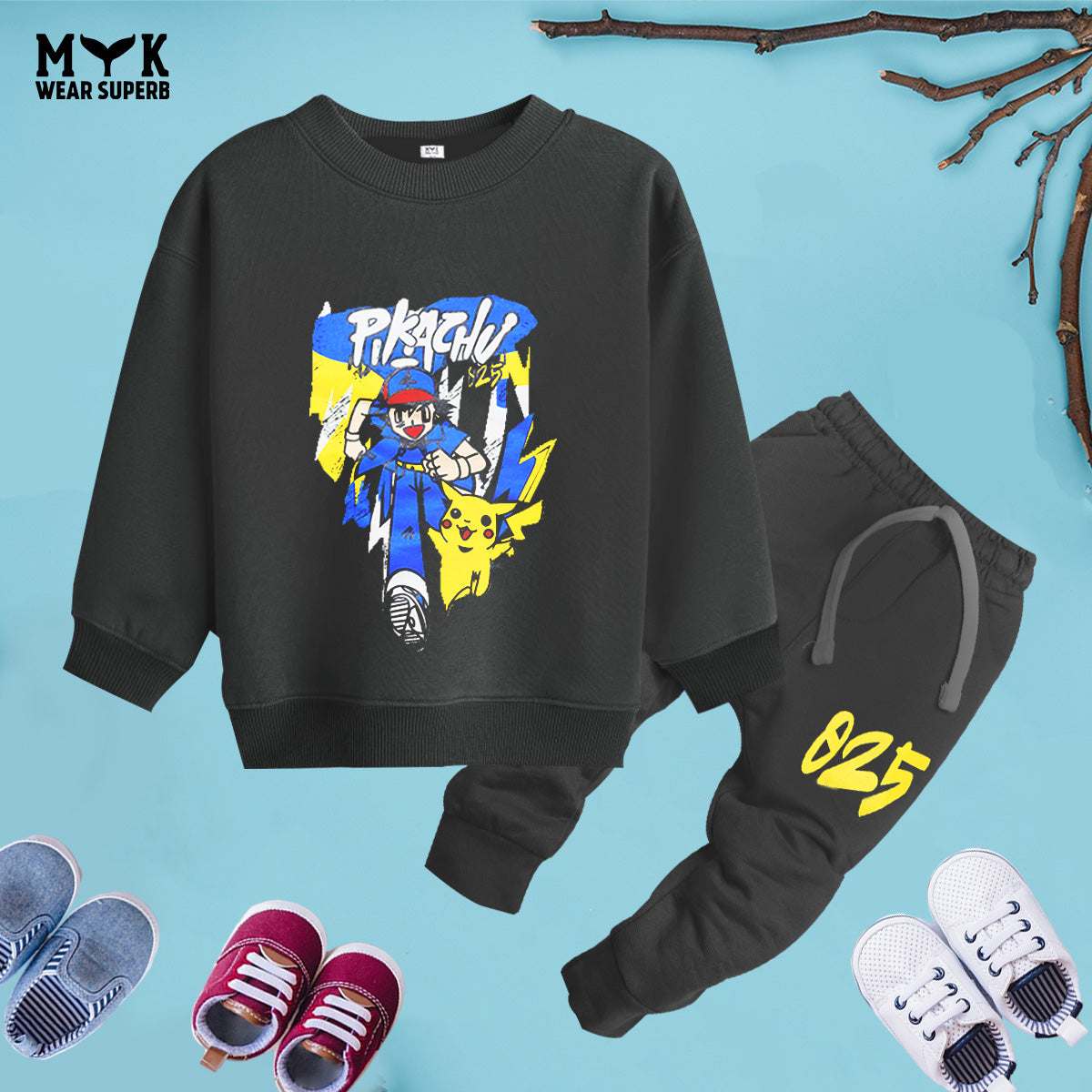 Printed Pikachu Kids Sweatshirt & Trouser With Dori Outfit Premium Quality Set