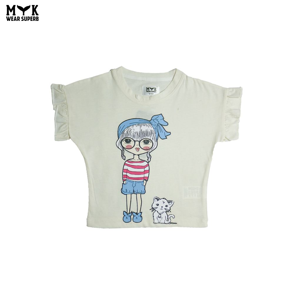 Cute Doll & Cat White Printed T-Shirt with Pink Striped Trouser Set