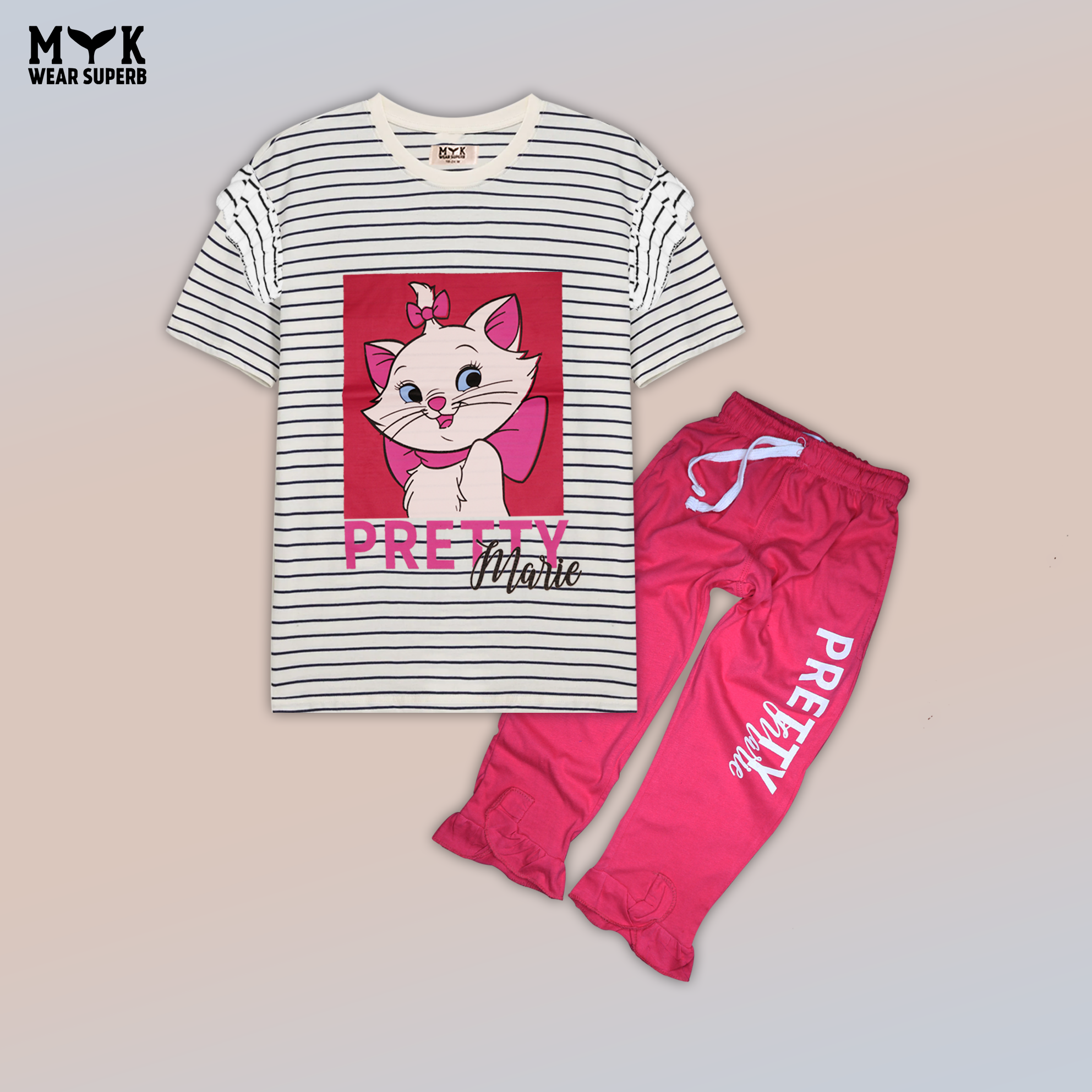 Pretty Marie Girls' Summer Night Suit – Striped Tee & Pink Pajama Set