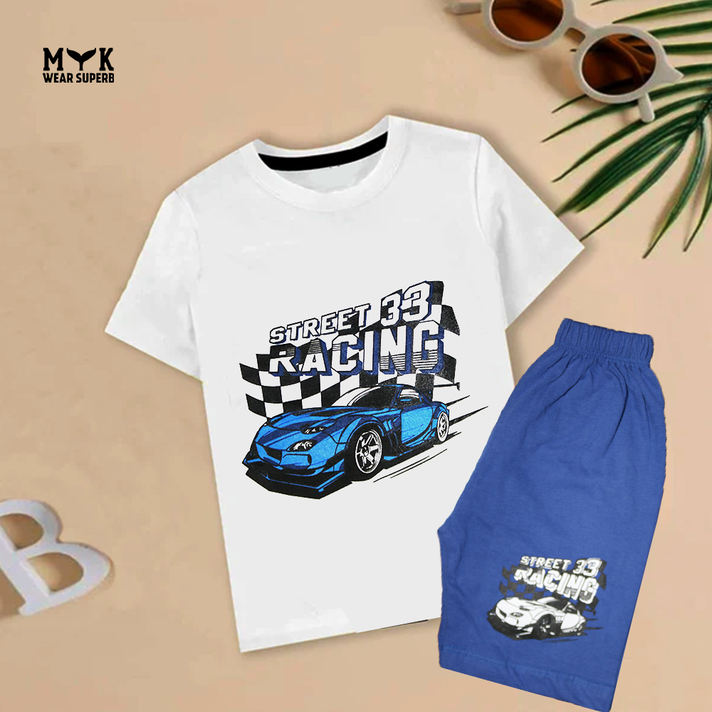 Racing Cars Print Casual Outfit Round Neck T-Shirt Shorts for Kids