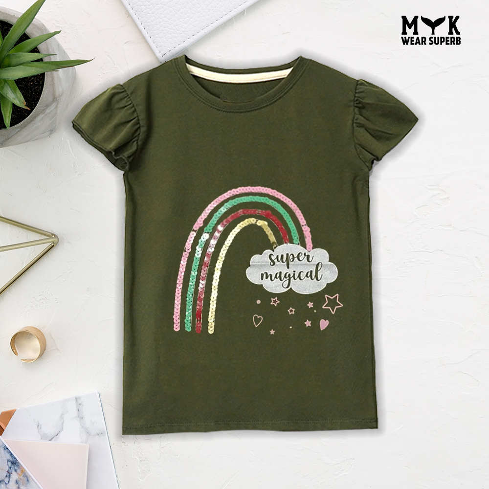 Rainbow Green Baby Girl Super Magical Love Sequence T- Shirt