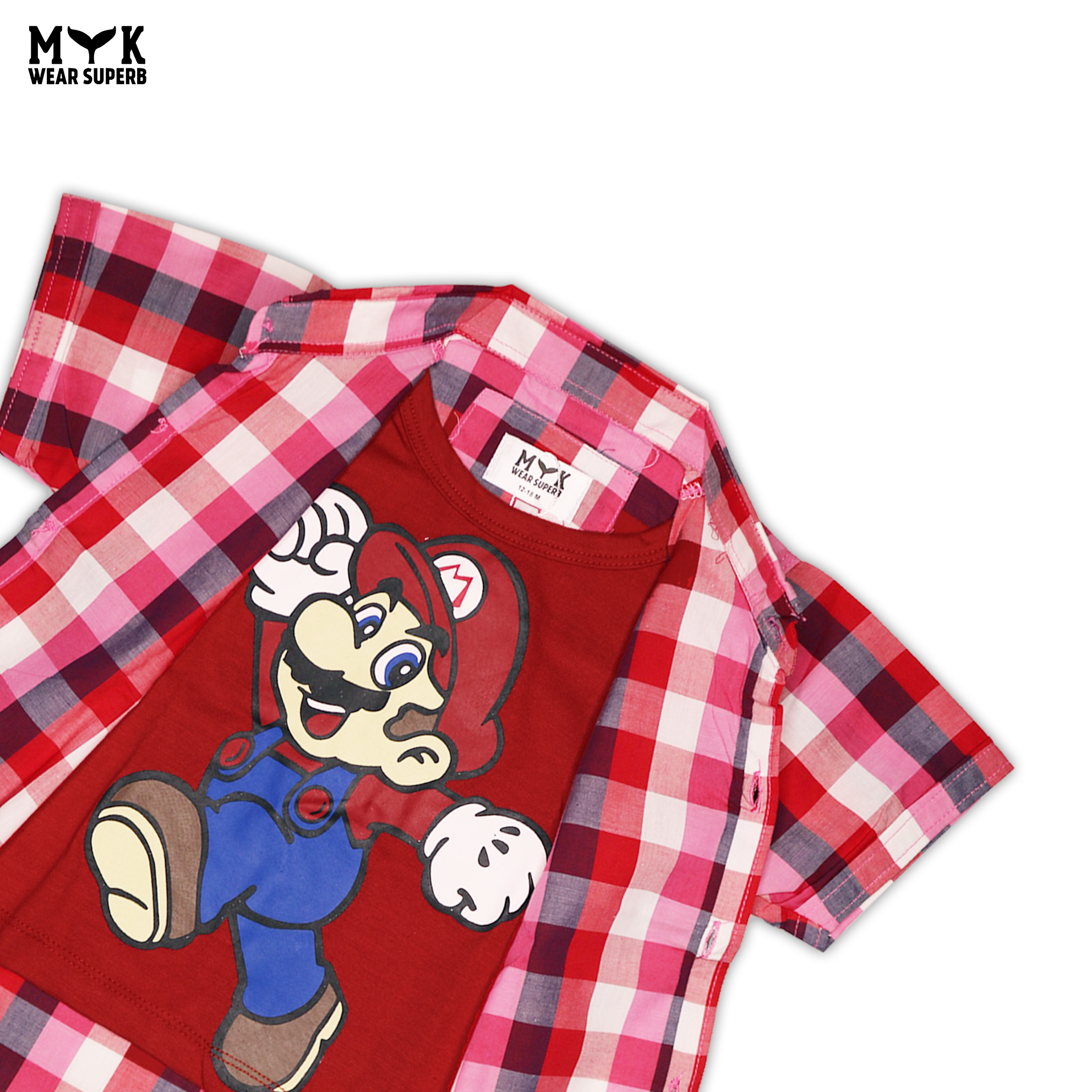 Super Mario Light Red & White Check Double Summer Shirt