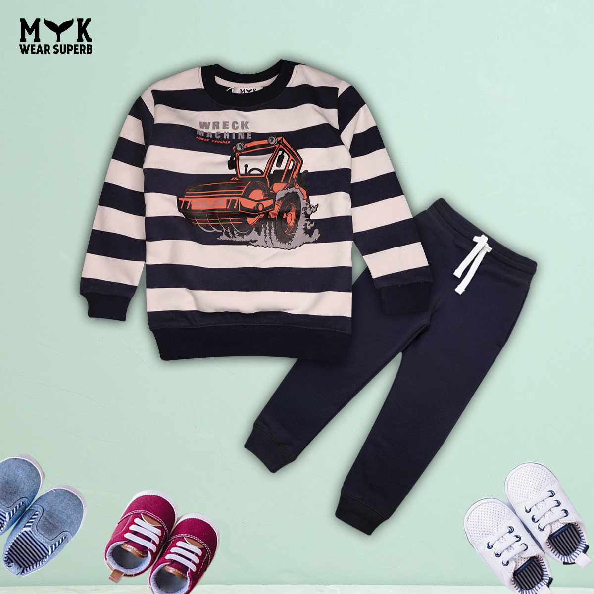 Kids Clothes Cars & Road Rollers White and Blue Sweatshirt With trouser Casual Premium Quality Set