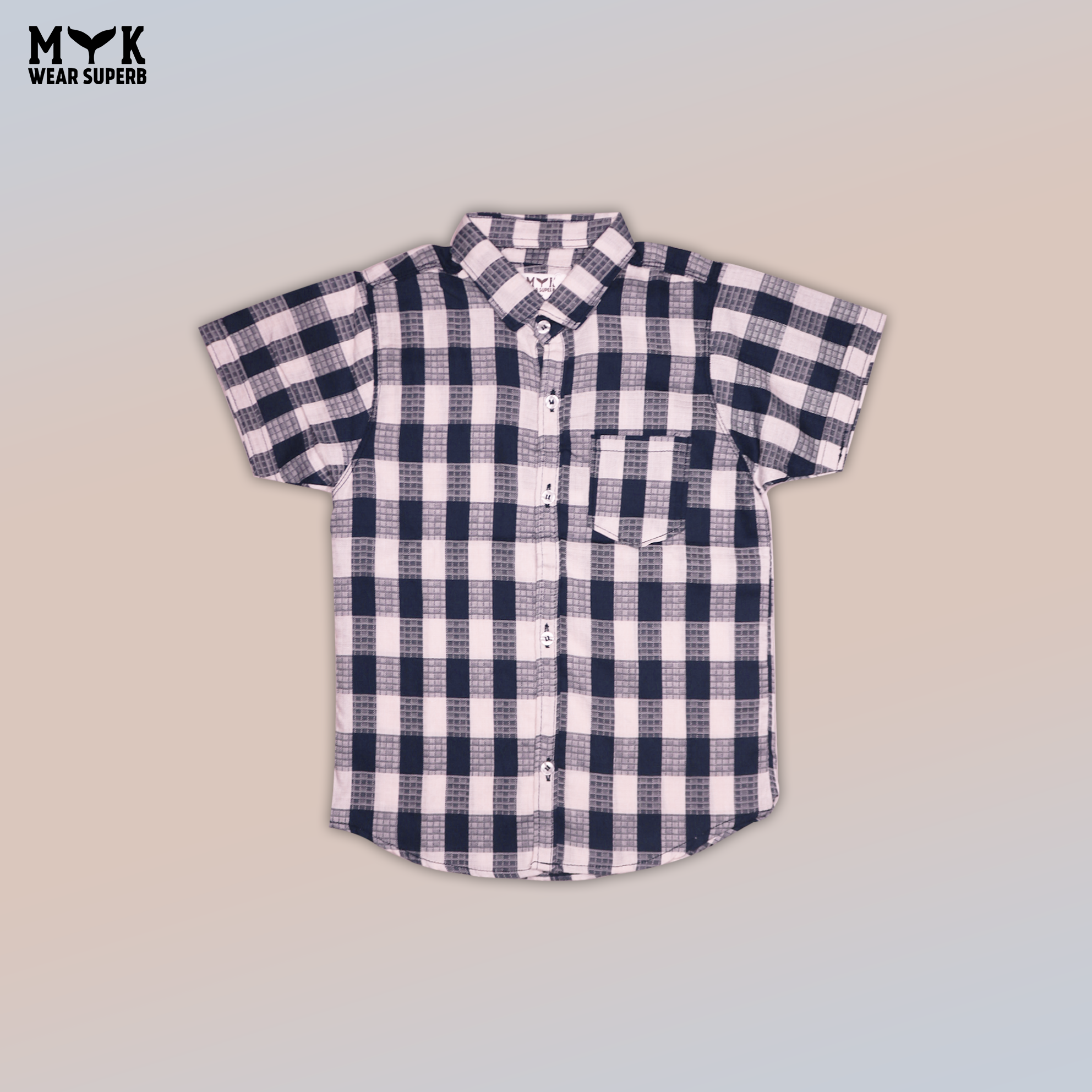 Classic White Blue Checkered Short-Sleeve Shirt for Boys