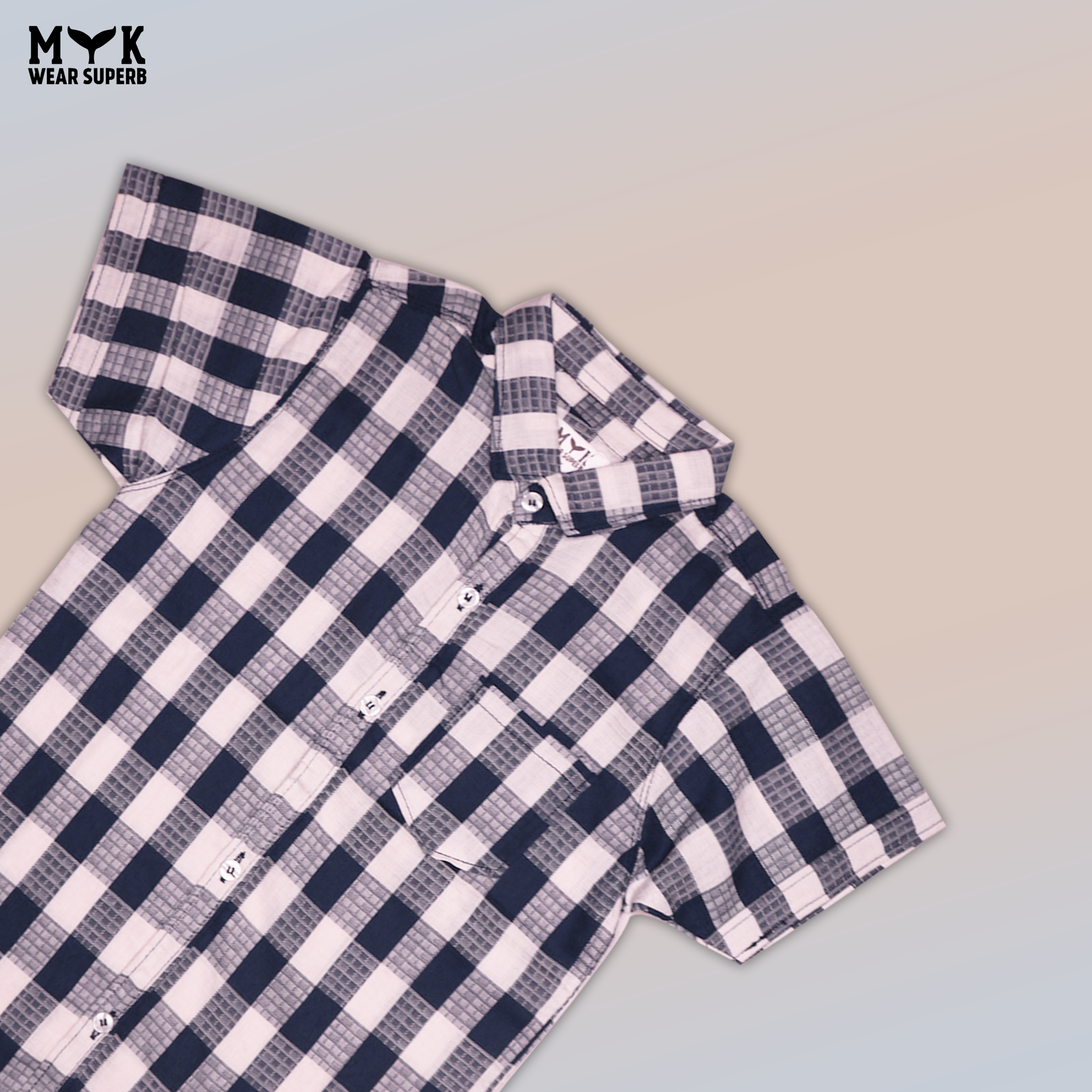Classic White Blue Checkered Short-Sleeve Shirt for Boys
