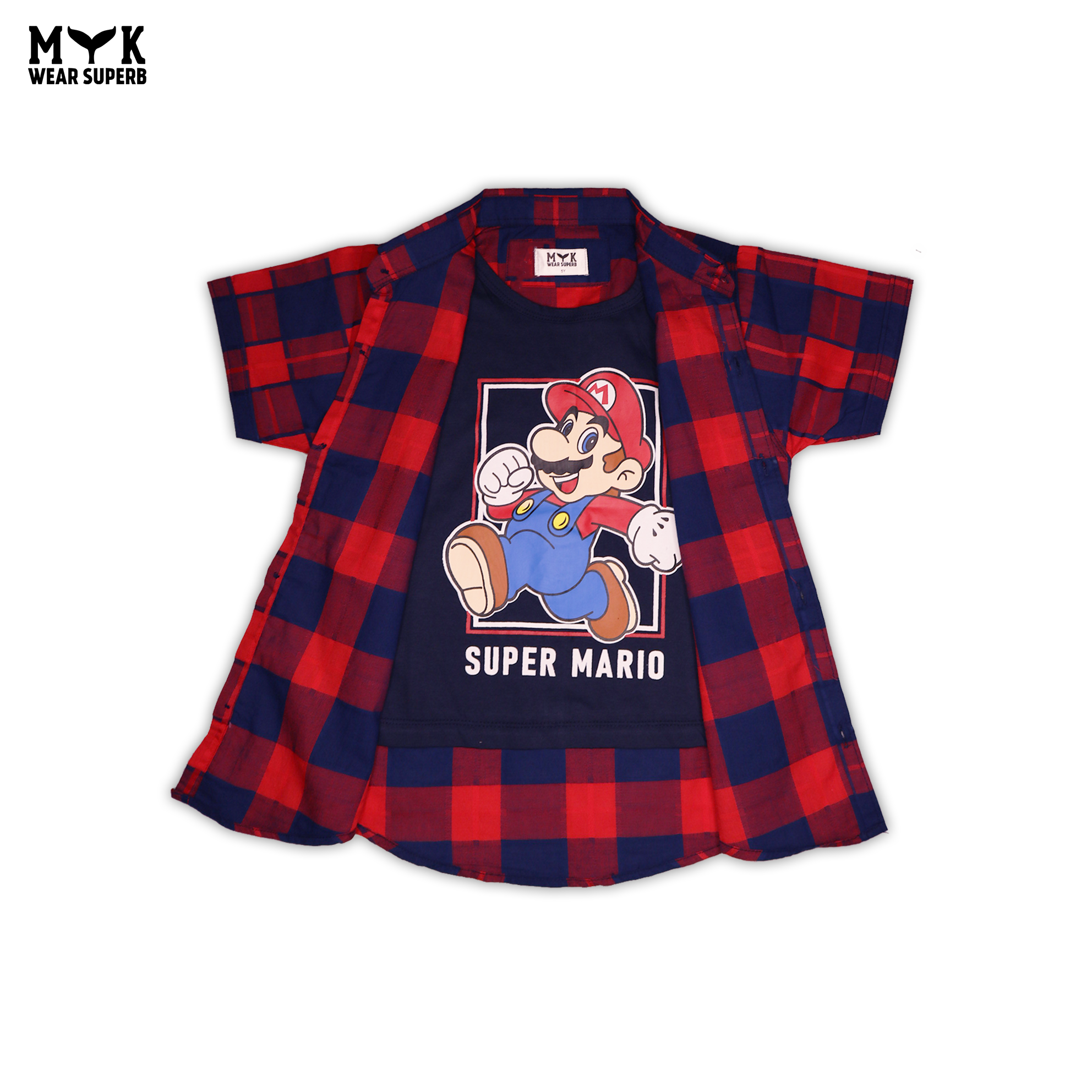 Super Mario Checkered Open Shirt & T-Shirt Set