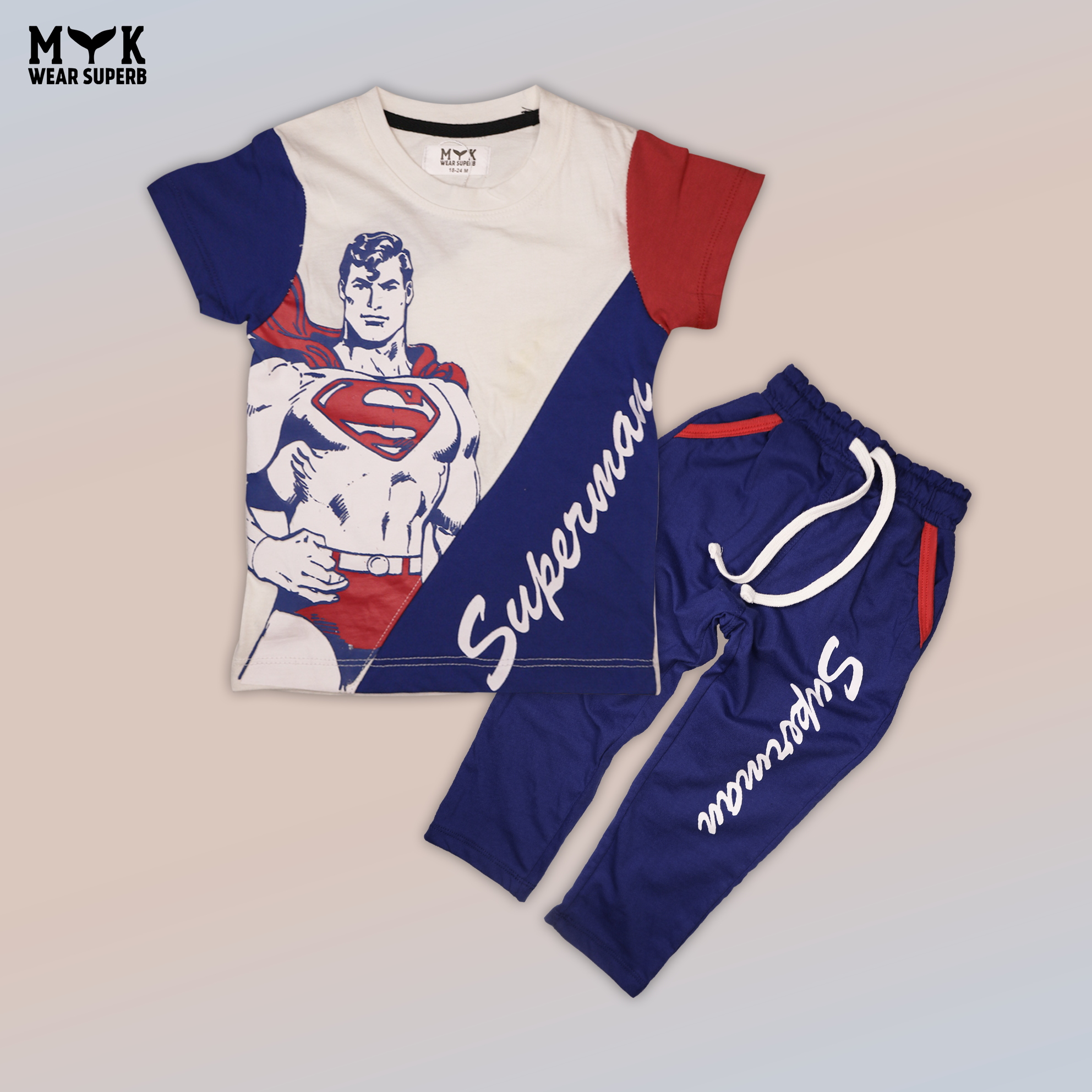 Superman Printed White Blue Summer T-Shirt & Blue Trouser Set for Boys