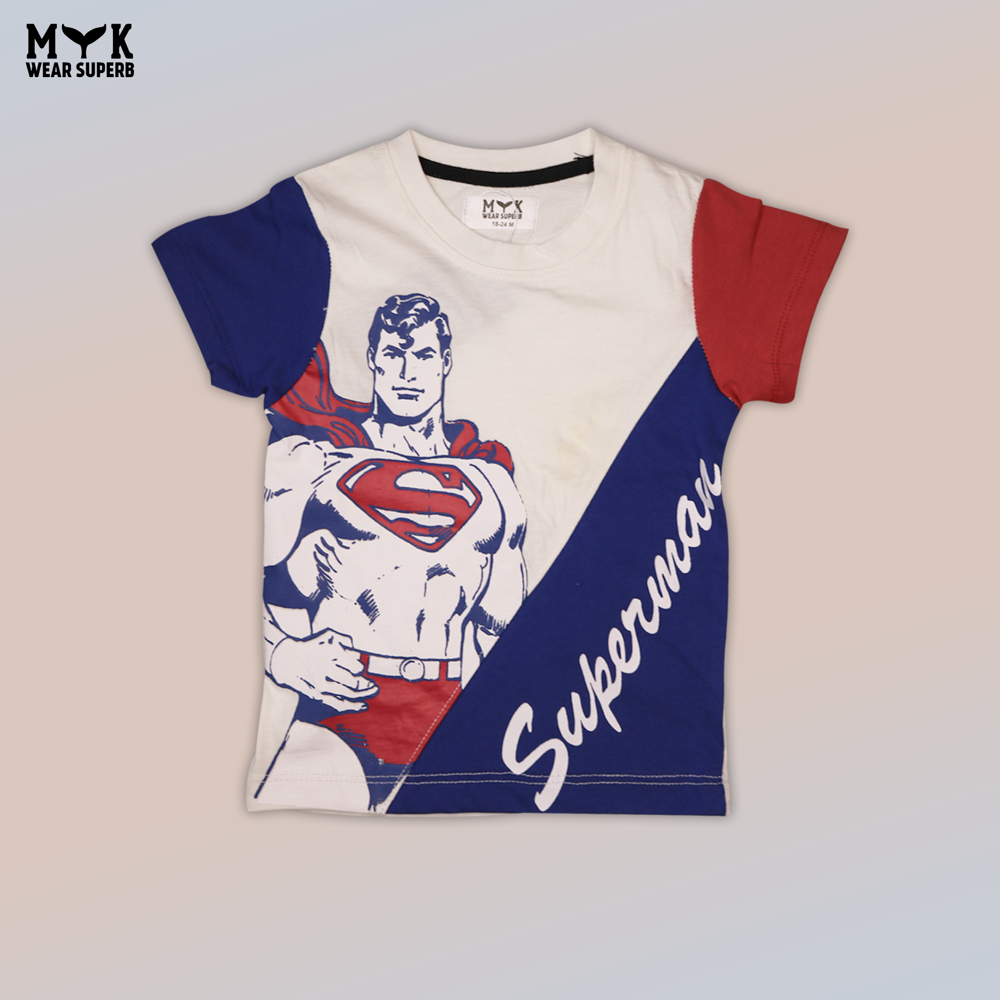 Superman Printed White Blue Summer T-Shirt & Blue Trouser Set for Boys