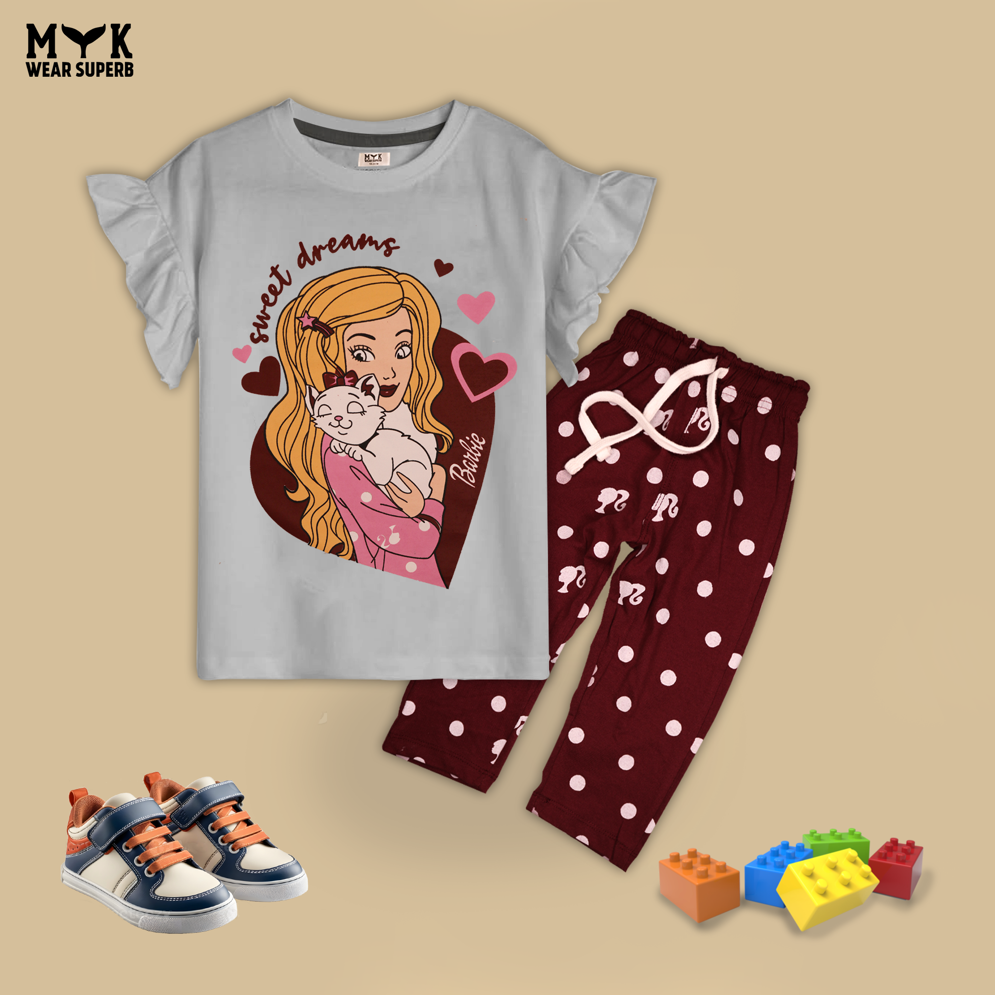 Girls Night Suit - Barbie Sweet Dreams Print Grey Top & Maroon Polka Dot Trousers by MYK