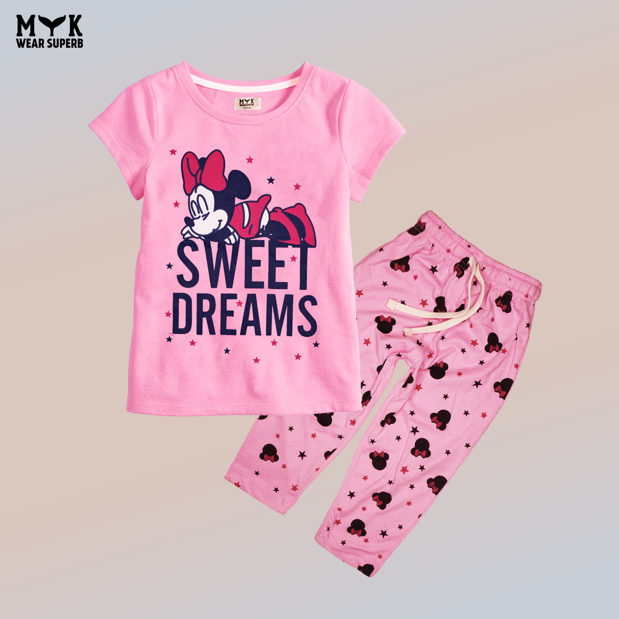 DreamBlush Minnie Mouse Nightwear Set for Girls with Pink Bow print