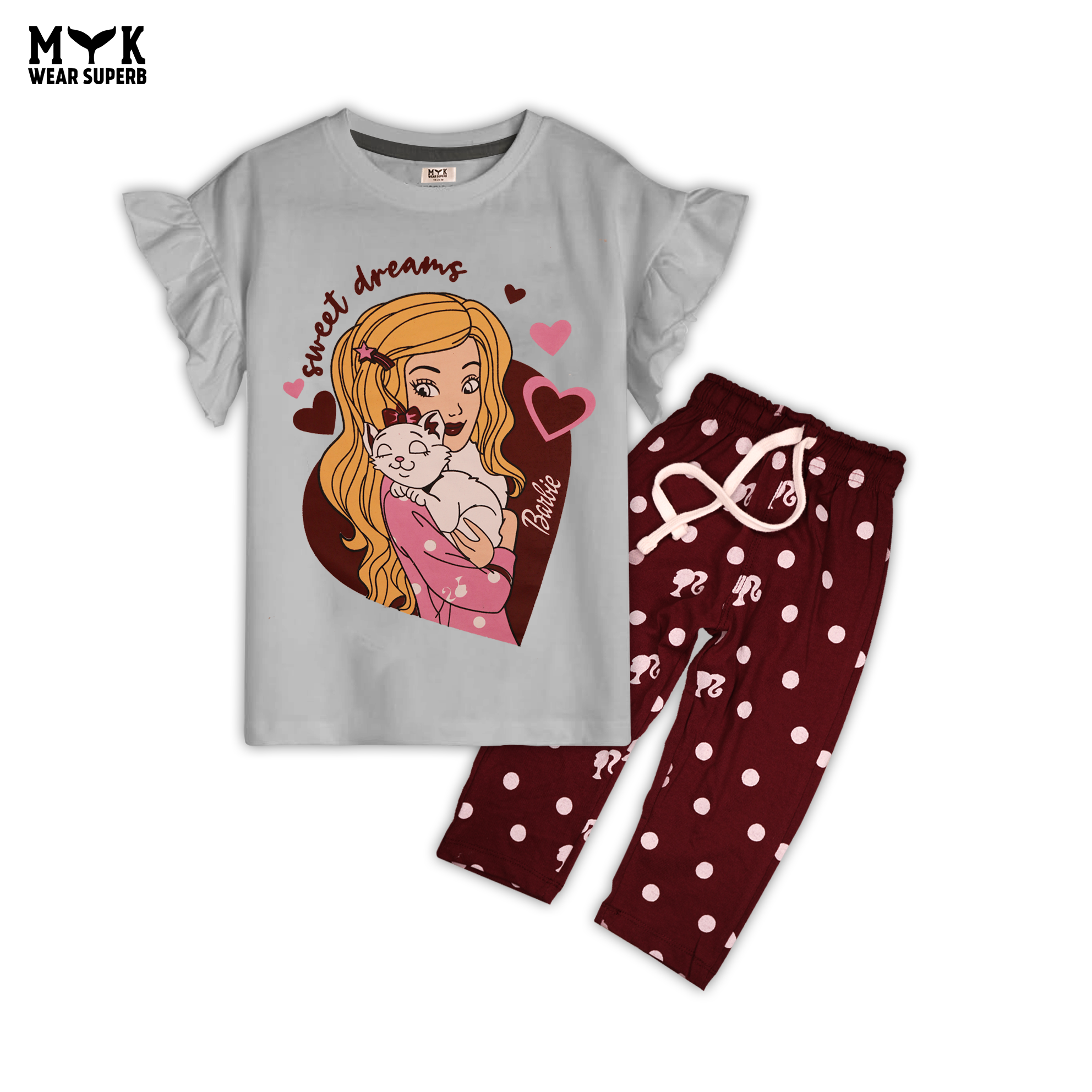 Girls Night Suit - Barbie Sweet Dreams Print Grey Top & Maroon Polka Dot Trousers by MYK
