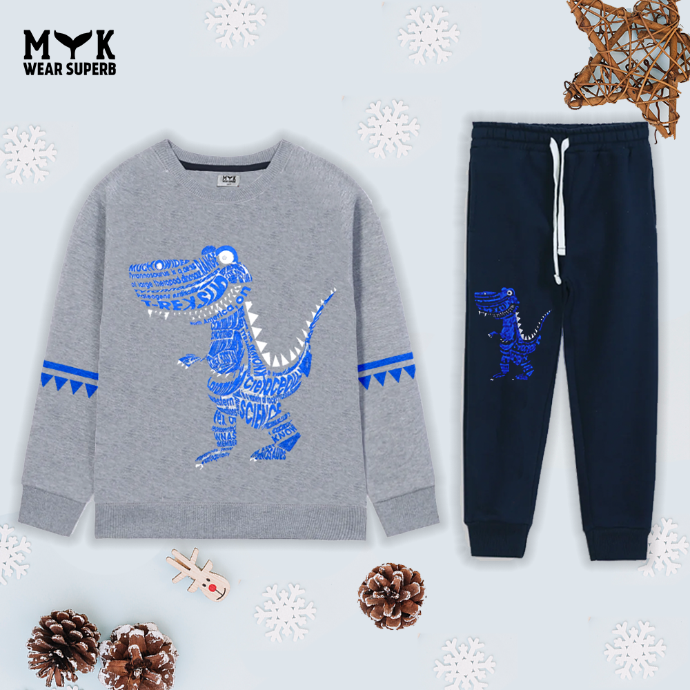 Toddler Baby Boy Grey Dinosaur Sweatshirt Long Sleeve Pullover With Navy Blue Pocket Trouser