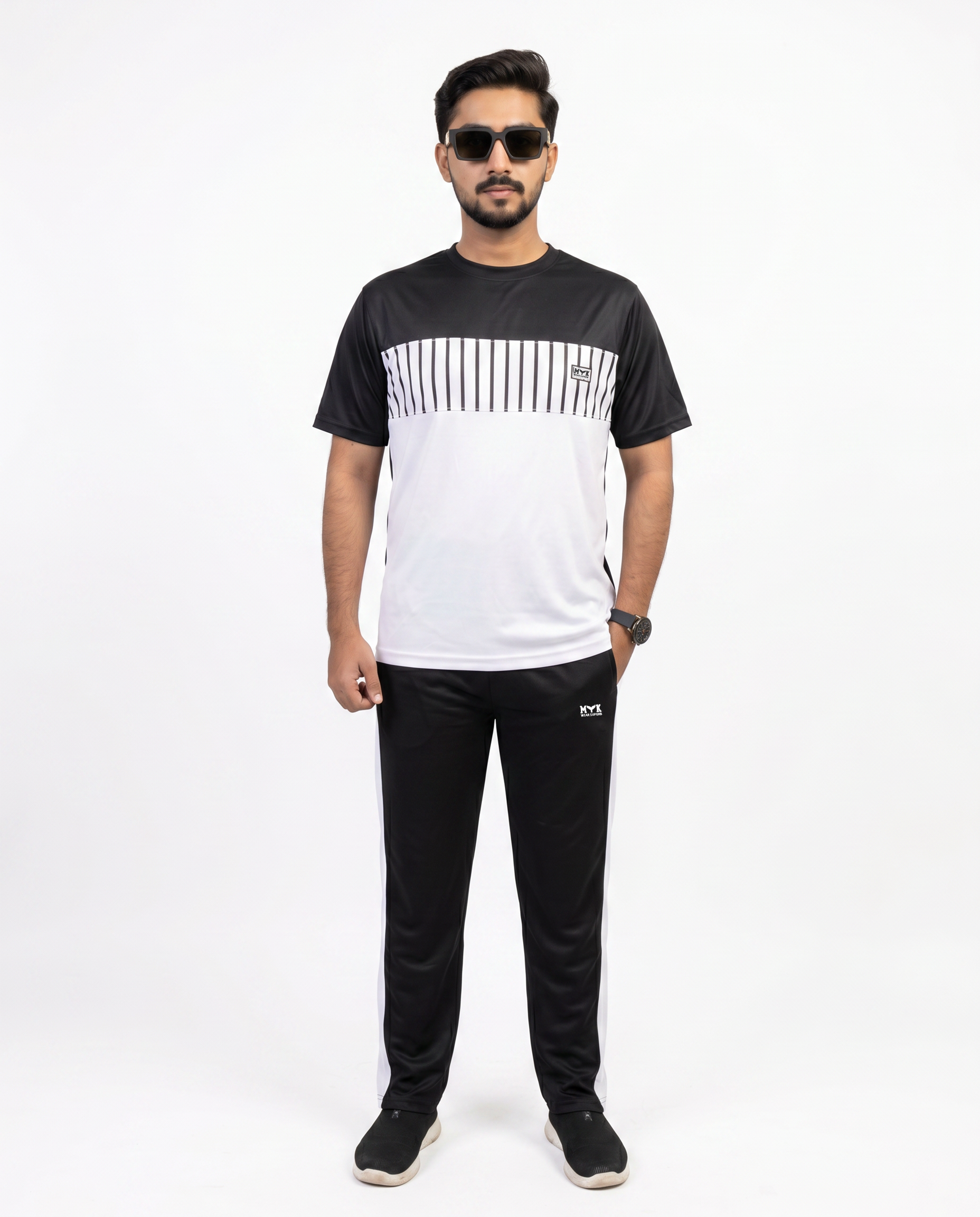 Men’s Black & White Striped Tracksuit – MYK Summer Set