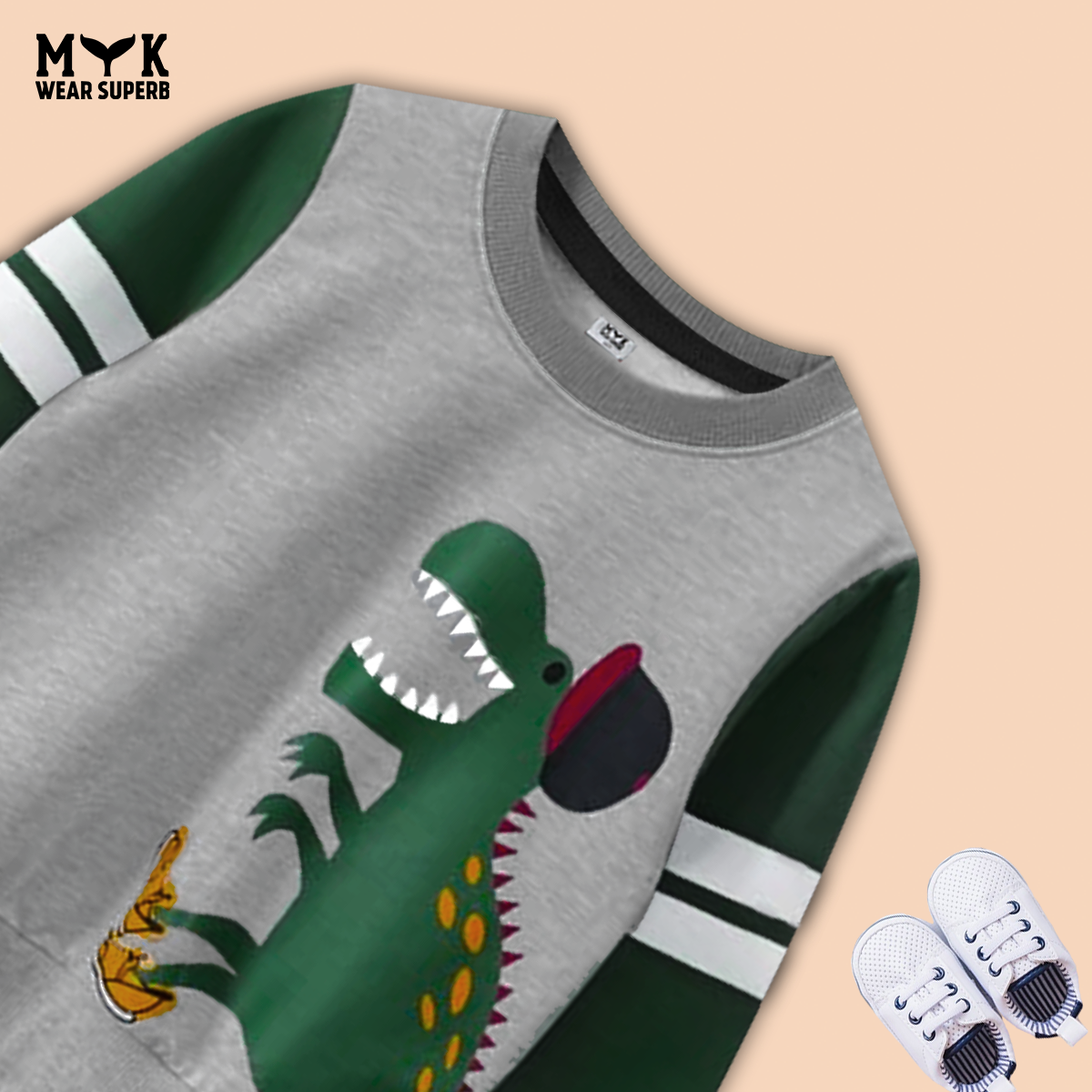 2pcs Set Kids Dinosaur Graphic Green & grey Sweatshirt With panel Trouser