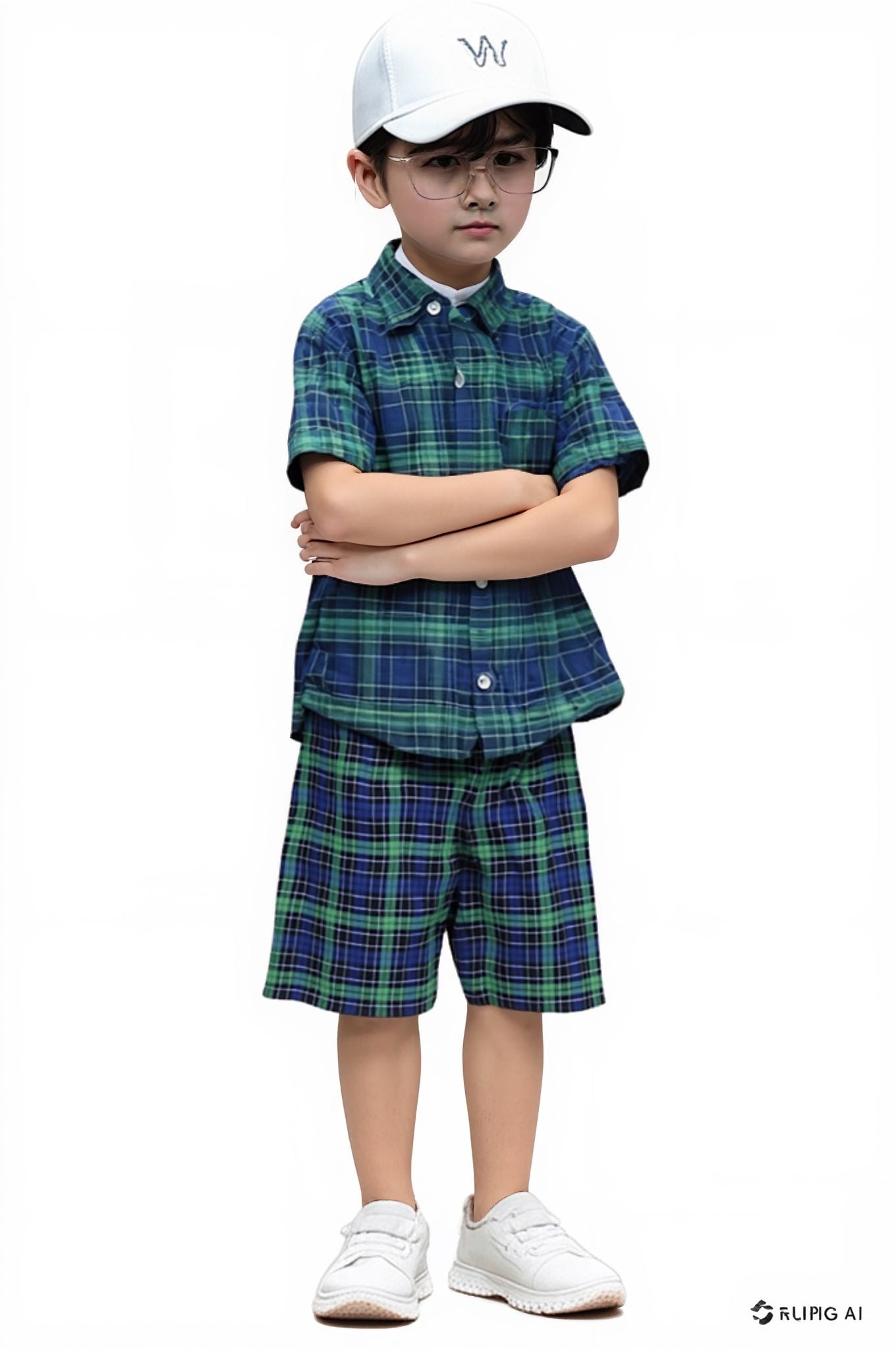 Boys Olive Green & Navy Checkered Summer Shirt and Shorts Set