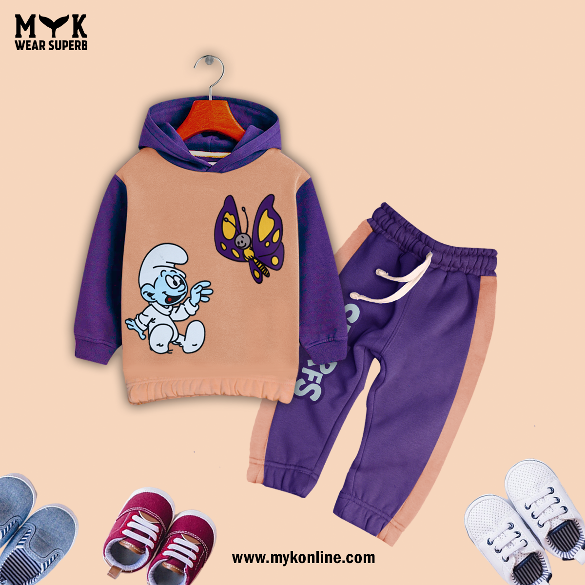 Baby Girls The Smurfs Print Peach Fleece Hoodie With Blue Panel Trouser 2 Piece premium Quality Set