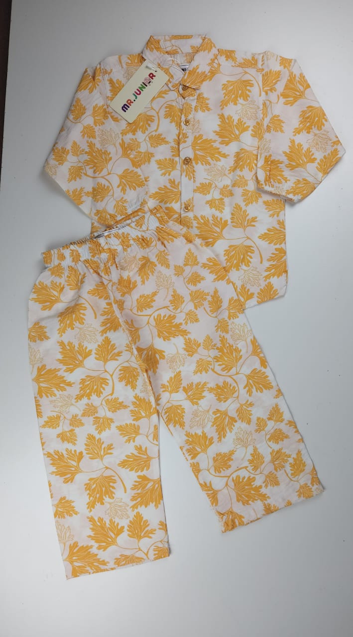 Cozy Cotton Leaf Print Suit – White & Yellow