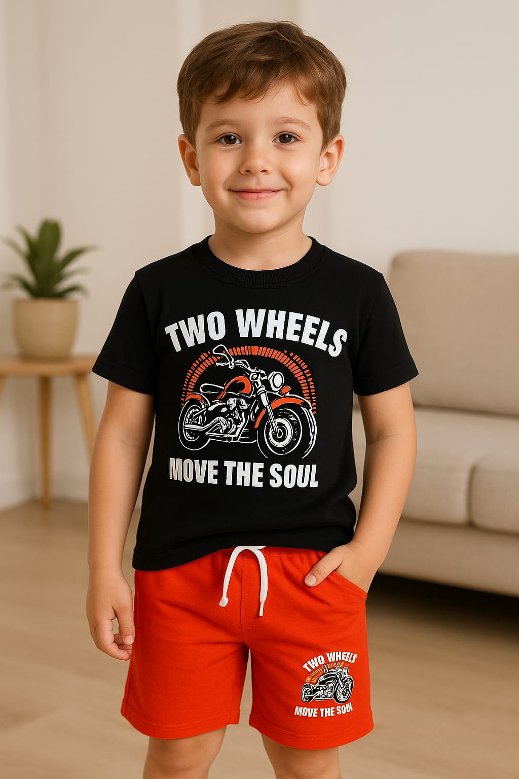 Two Wheels Kids Summer Set – Bold Black & Orange Biker Style