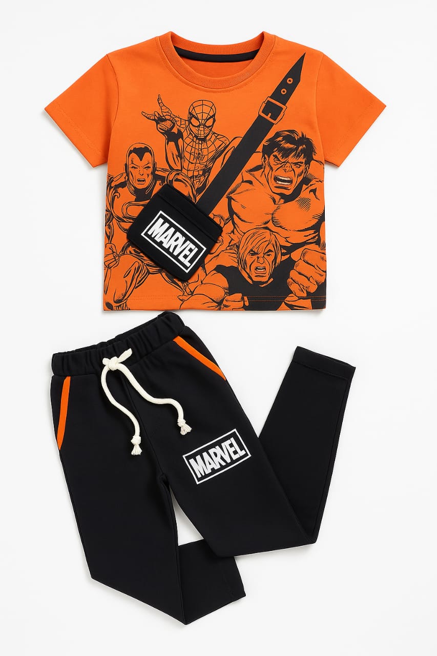 Marvel-Inspired Black Trouser & Orange Shirt Set for Kids – Superhero