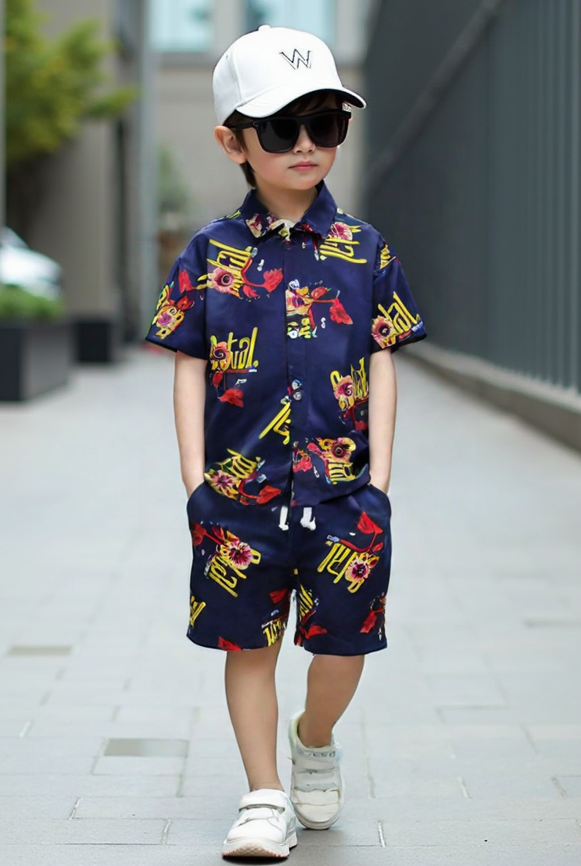 Boys' Printed Linen Shirt & Shorts Co-Ord Set – Navy Blue