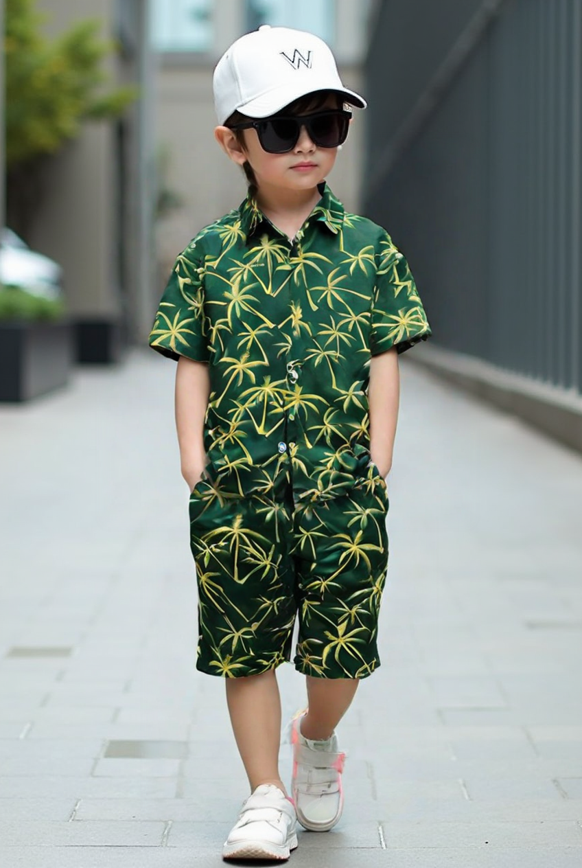 Boys Tropical Palm Green Linen Co-Ord Set