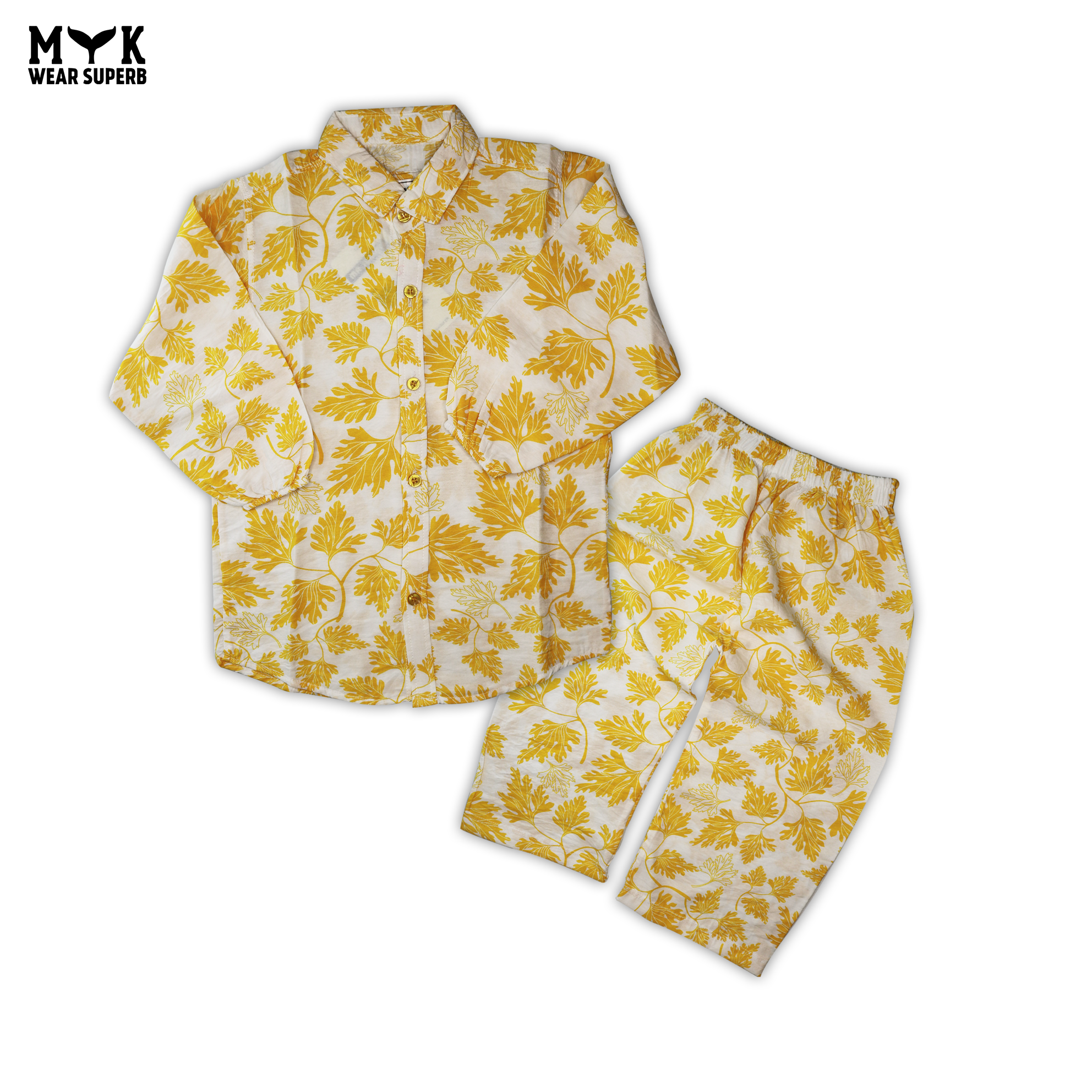 Cozy Cotton Leaf Print Suit – White & Yellow